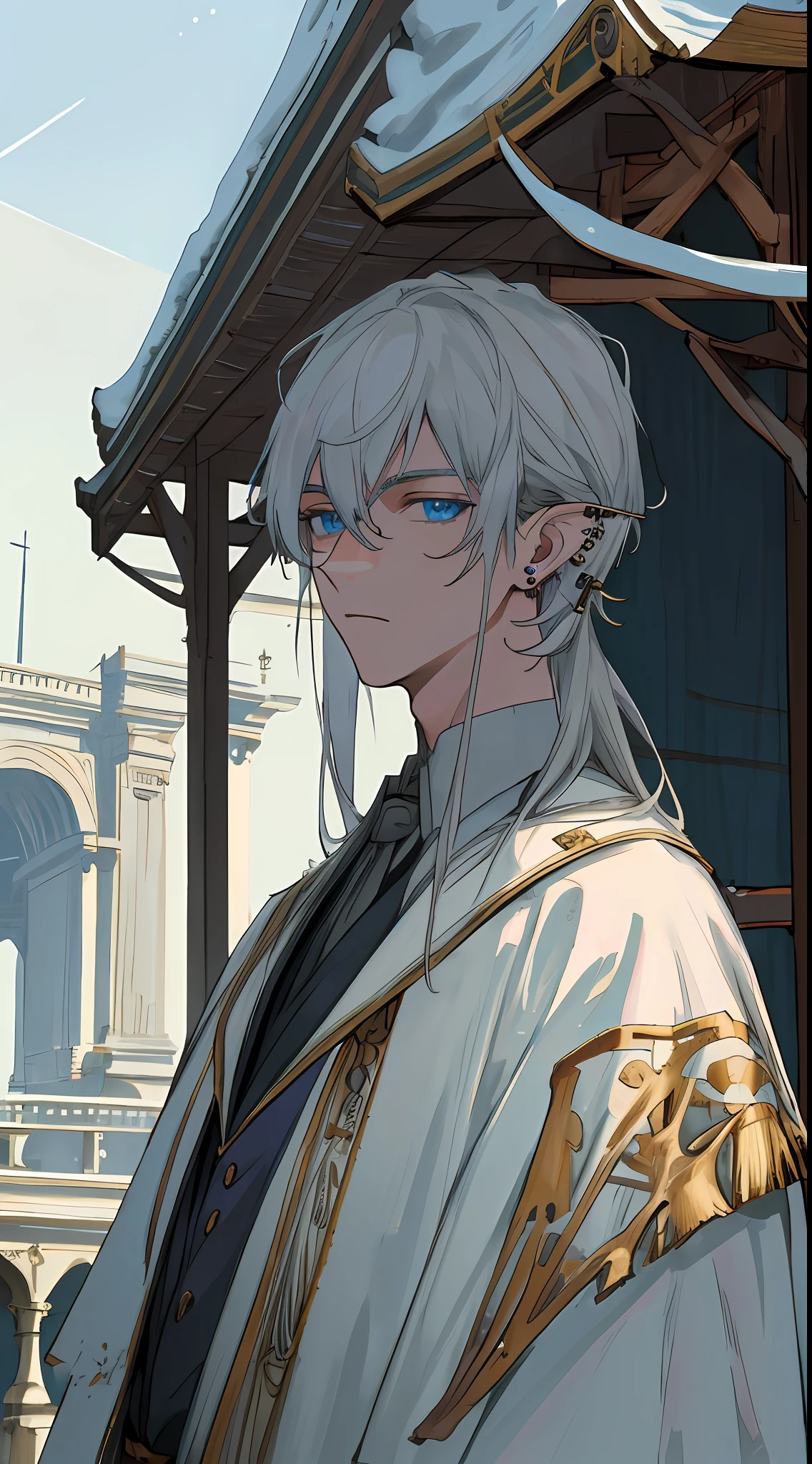 (((8k, RAW photo, best quality, Masterpiece: 1.4))), super high resolution, super detailed, illustration, close-up, handsome man, blue eyes, (detailed eyes, bright eyes:1.2), white medium-length hair, elf, pale skin, ear piercings, detailed clothing, accessories on clothes, bridge in the background, only environment, broken laboratory, starry sky, architecture, future, imagination, outdoor, high quality shadows, natural lighting, (white highlights:1.2)