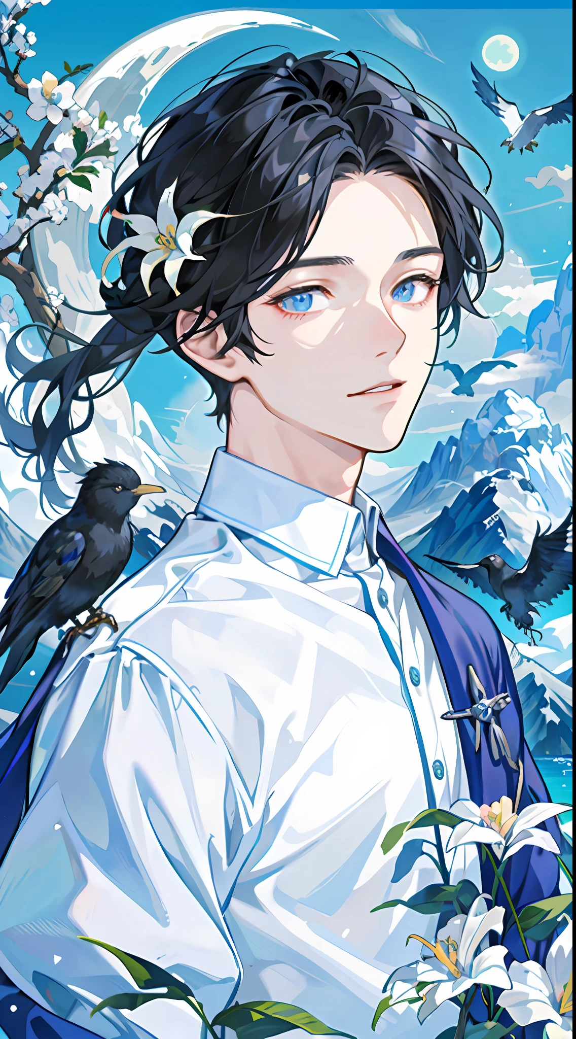 Anime boy with a bird on his shoulder and a bird on his shoulder, inspired by Bian Shoumin, Handsome Guys in Demon Slayer Art, Digital Anime Illustration, Pixiv Daily Ranking, Demon Slayer Rui Doujin Works,: 14 80s Anime Style, Detailed Digital Anime Art, Detailed Doujin Art, Shigeri Momori Aijima Illustration, Beautiful Hermaphroditic Prince, 4K, Extreme Picture Quality, Masterpiece