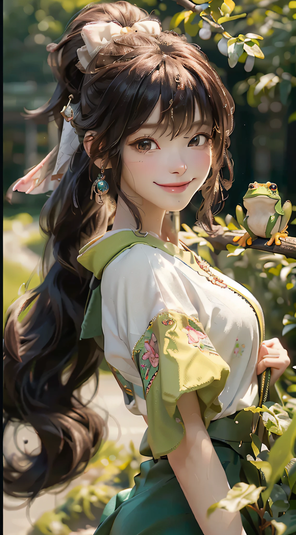 (8k, RAW photos, best quality, High resolution: 1.1), (surreal: 1.4), (realistic, realistic: 1.3), soft light, girl, realistic face, realistic body, realistic skin, absurd, masterpiece, (cute: 1.8), cute, solo, (: 1.2), detailed black eyes, innocent eyes, blush, (t-shirt: 1.2), movie lights, film grain, jewelry, earrings, ((medium hair: 1.1)), ((floating hair nova frog style)), cherry lips, headband, hair bow, ponytail, close-up, viewer, long hair, upper body, open lips, upper teeth, (smiling eyes: 0.6) , ((grin: 1.2)), depth of field, blurred background, eye focus, bokeh, young, 85mm lens, f/1.4, professional lighting, young, portrait, photon mapping, radiosity, physically based rendering,