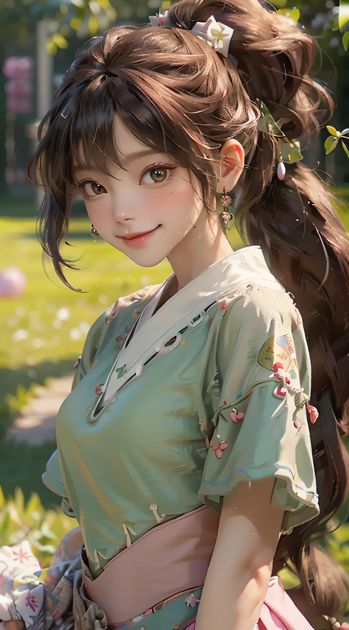 (8k, RAW photos, best quality, High resolution: 1.1), (surreal: 1.4), (realistic, realistic: 1.3), soft light, girl, realistic face, realistic body, realistic skin, absurd, masterpiece, (cute: 1.8), cute, solo, (: 1.2), detailed black eyes, innocent eyes, blush, (t-shirt: 1.2), movie lights, film grain, jewelry, earrings, ((medium hair: 1.1)), ((floating hair nova frog style)), cherry lips, headband, hair bow, ponytail, close-up, viewer, long hair, upper body, open lips, upper teeth, (smiling eyes: 0.6) , ((grin: 1.2)), depth of field, blurred background, eye focus, bokeh, young, 85mm lens, f/1.4, professional lighting, young, portrait, photon mapping, radiosity, physically based rendering,
