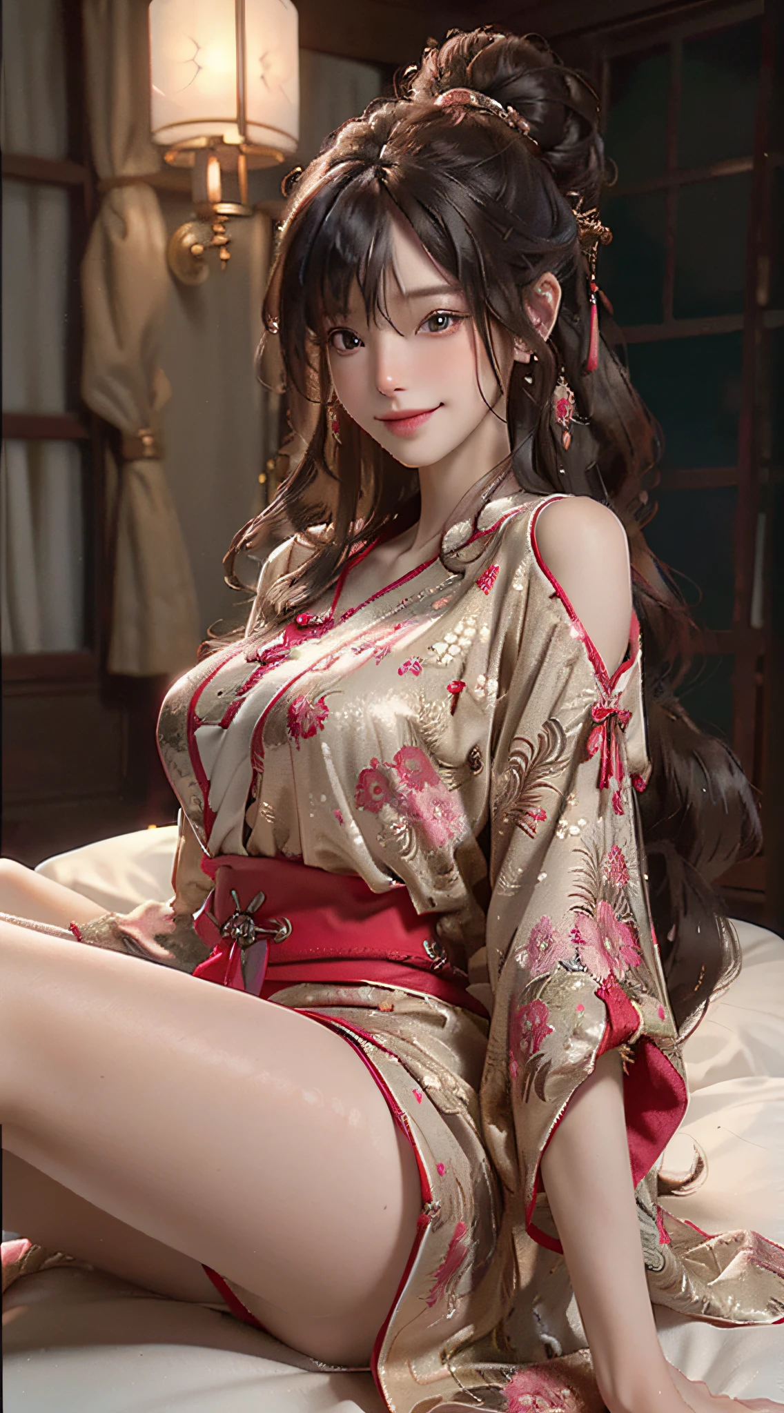 masterpiece, best quality, ultra realistic, hyper-detailed, 8k resolution, RAW photo, (1girl), gorgeous face, Japanese and Russian mix, perfect body, mature female, 30yo, sexy nightgown, happy, posing for photo, long curly hair, messy hair, smile