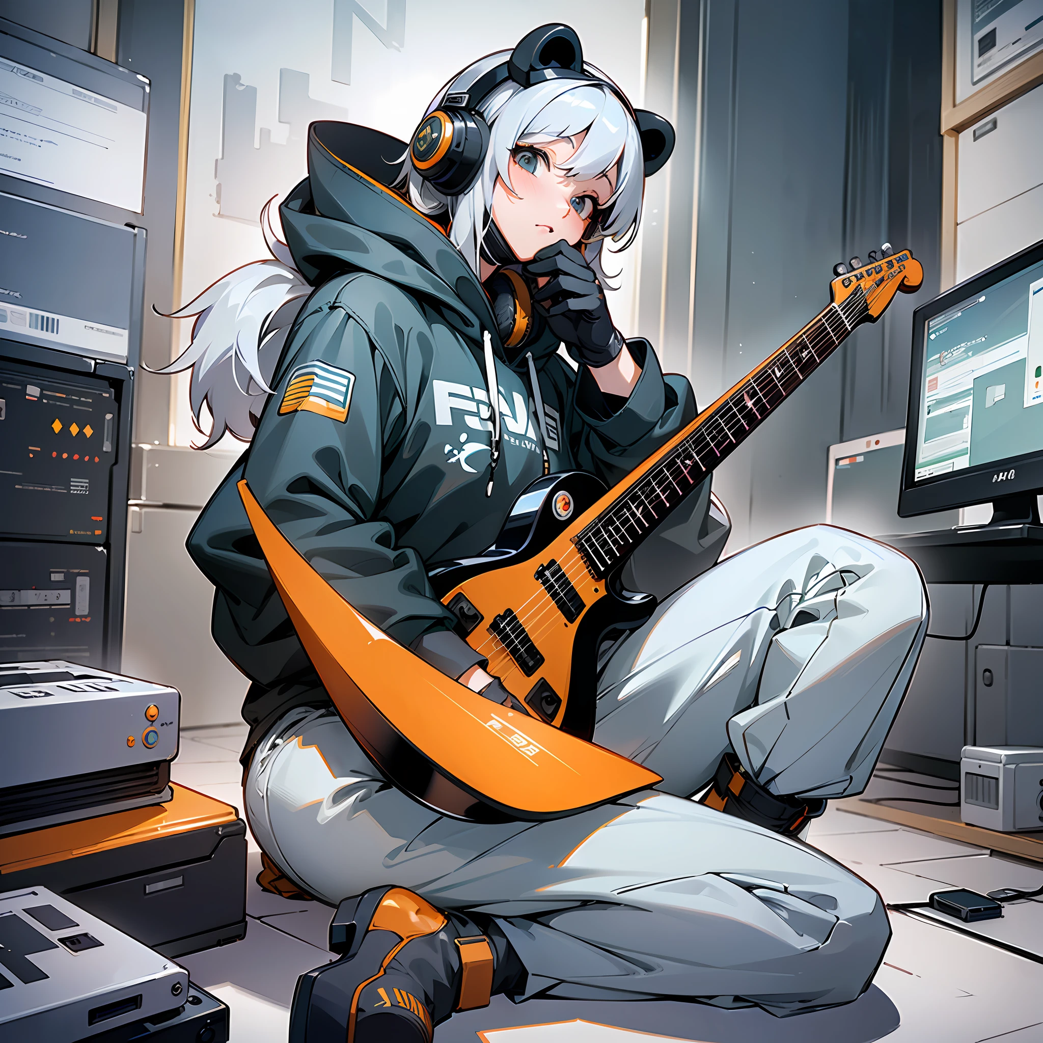 ((high quality)), ((masterpiece)), 8k, 1panda, with gray sweatshirt, light rays, 8k wallpaper of extremely detailed CG unit, cg game, looking at the viewer, gloves, boots, full body, clock, computer, mask, drone, holding guitar, headphones,