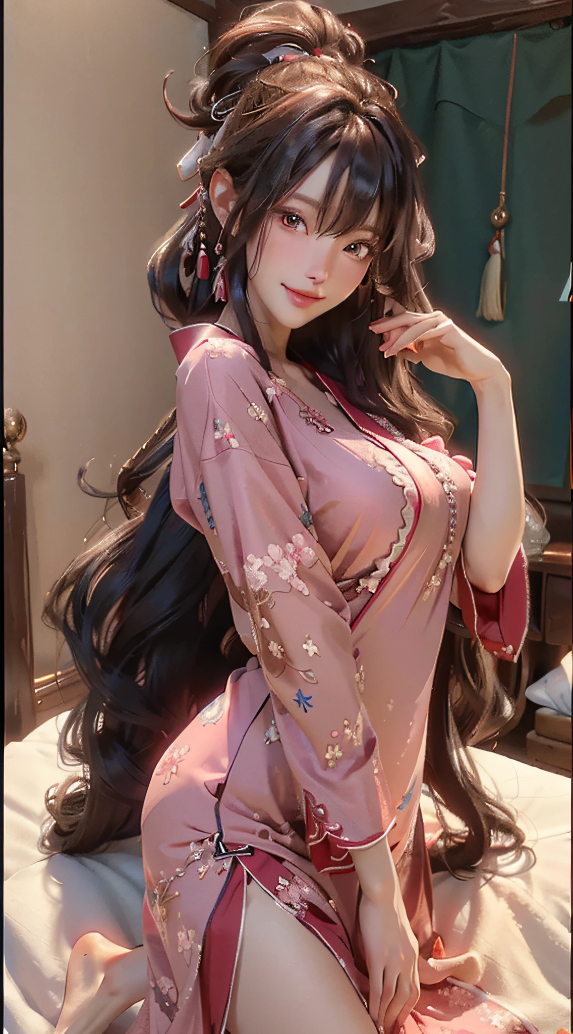masterpiece, best quality, ultra realistic, hyper-detailed, 8k resolution, RAW photo, (1girl), gorgeous face, Japanese and Russian mix, perfect body, mature female, 30yo, sexy nightgown, happy, posing for photo, long curly hair, messy hair, smile