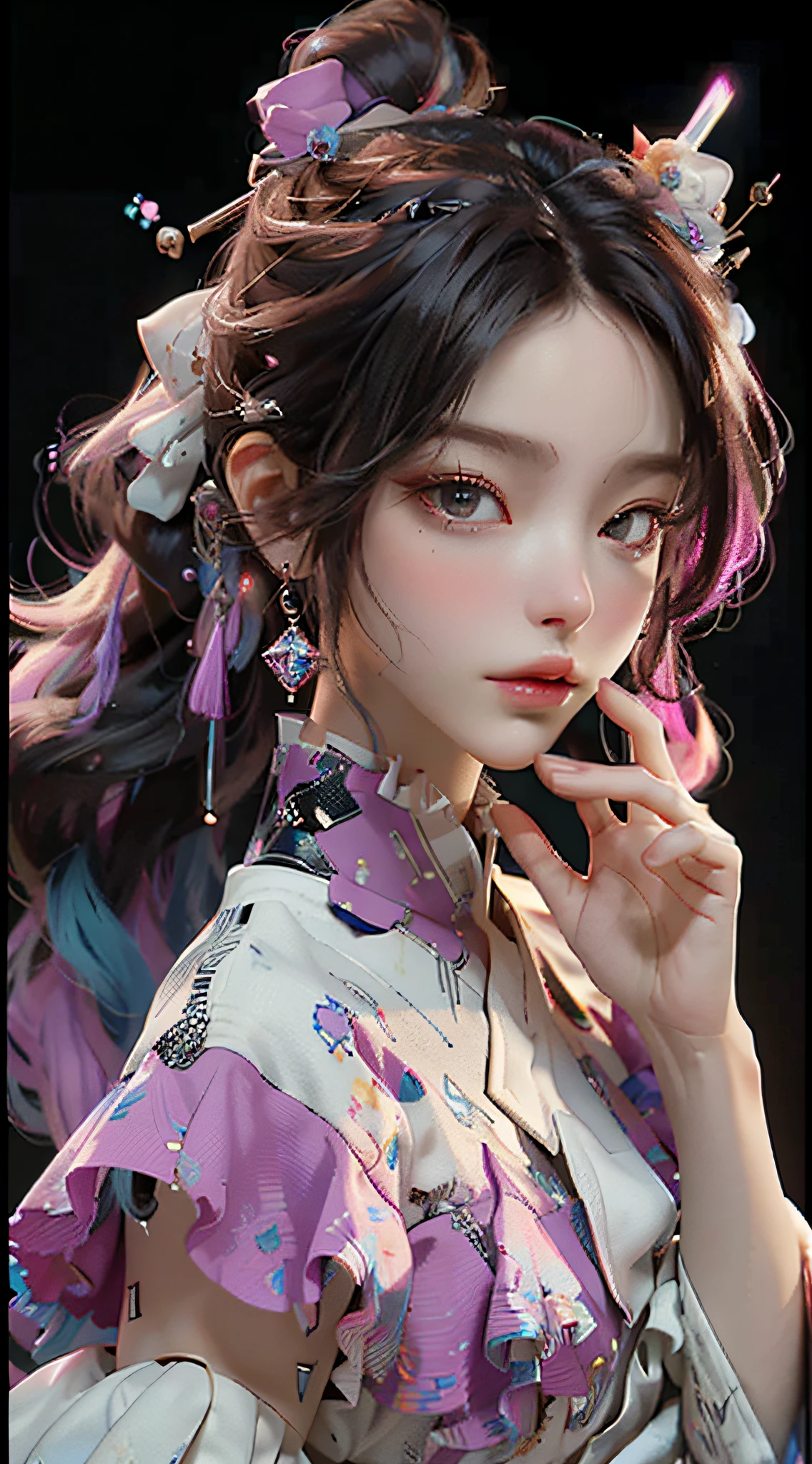 (Front Focus), (In the Dark: 1.6), (Masterpiece, Top Quality, Best, Official Art, Beauty and Aesthetics: 1.2), (Masterpiece, Top Quality, Best Quality, Official Art, Beauty and Aesthetics: 1.2), (Masterpiece, Top Quality, Best Quality, Official Art, Beauty and Aesthetics: 1.2), 1 Girl, Glitch Art, (Digital Distortion), Pixelated Fragments, Data Corruption, Color Noise, Visual Clutter, Contemporary Aesthetics