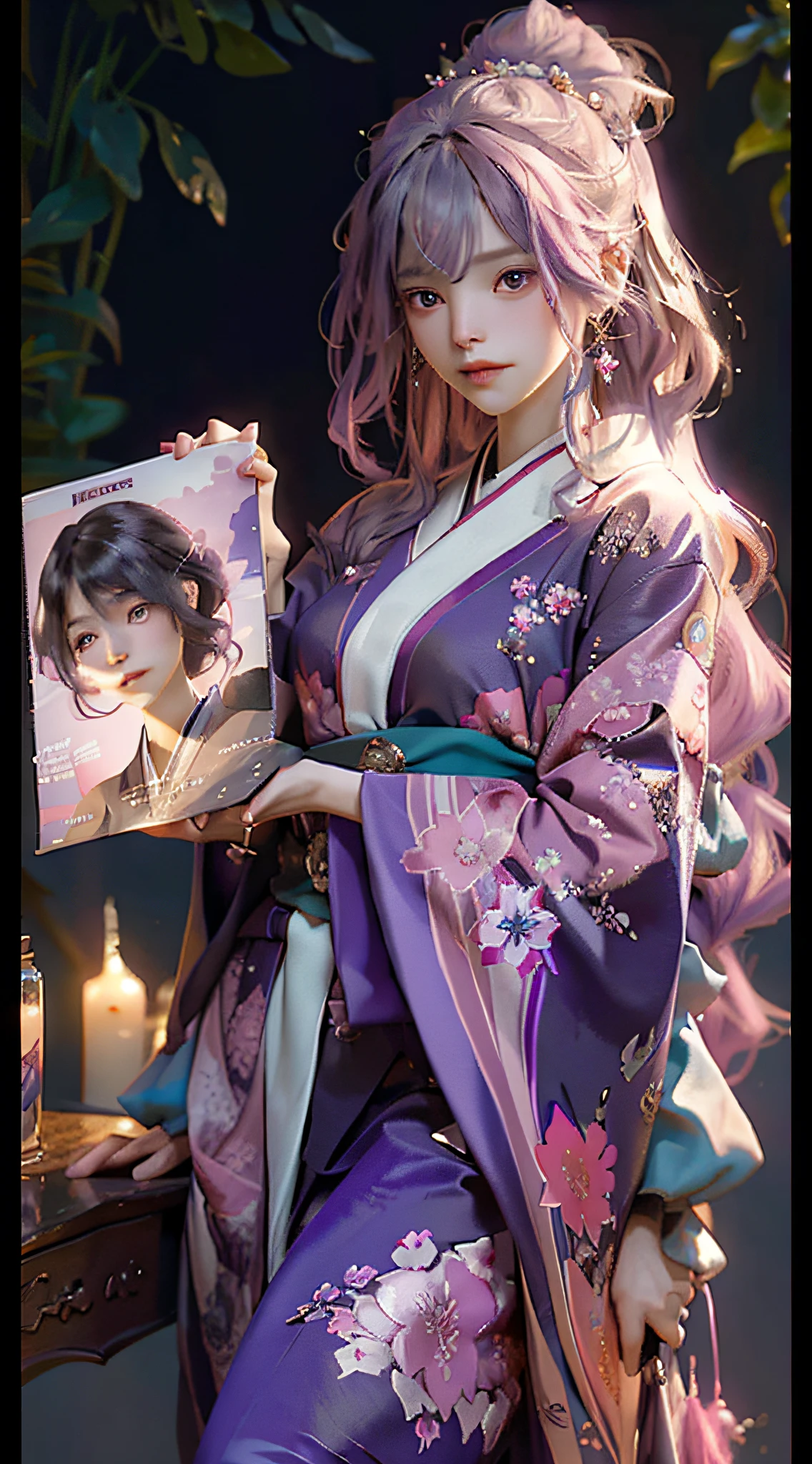 (front focus), (in the dark: 1.6), surrealistic female portrait by David Hockney and Alphonse Mucha, purple hair, pink kimono, medium, fantasy art, photorealism, dynamic lighting, artstation, poster, volumetric lighting, very detailed faces, 4k, award, , 1girl, in the dark, deep shadow, low key, cowboy shot, (official uniform: 1.4), long hair, gray hair,