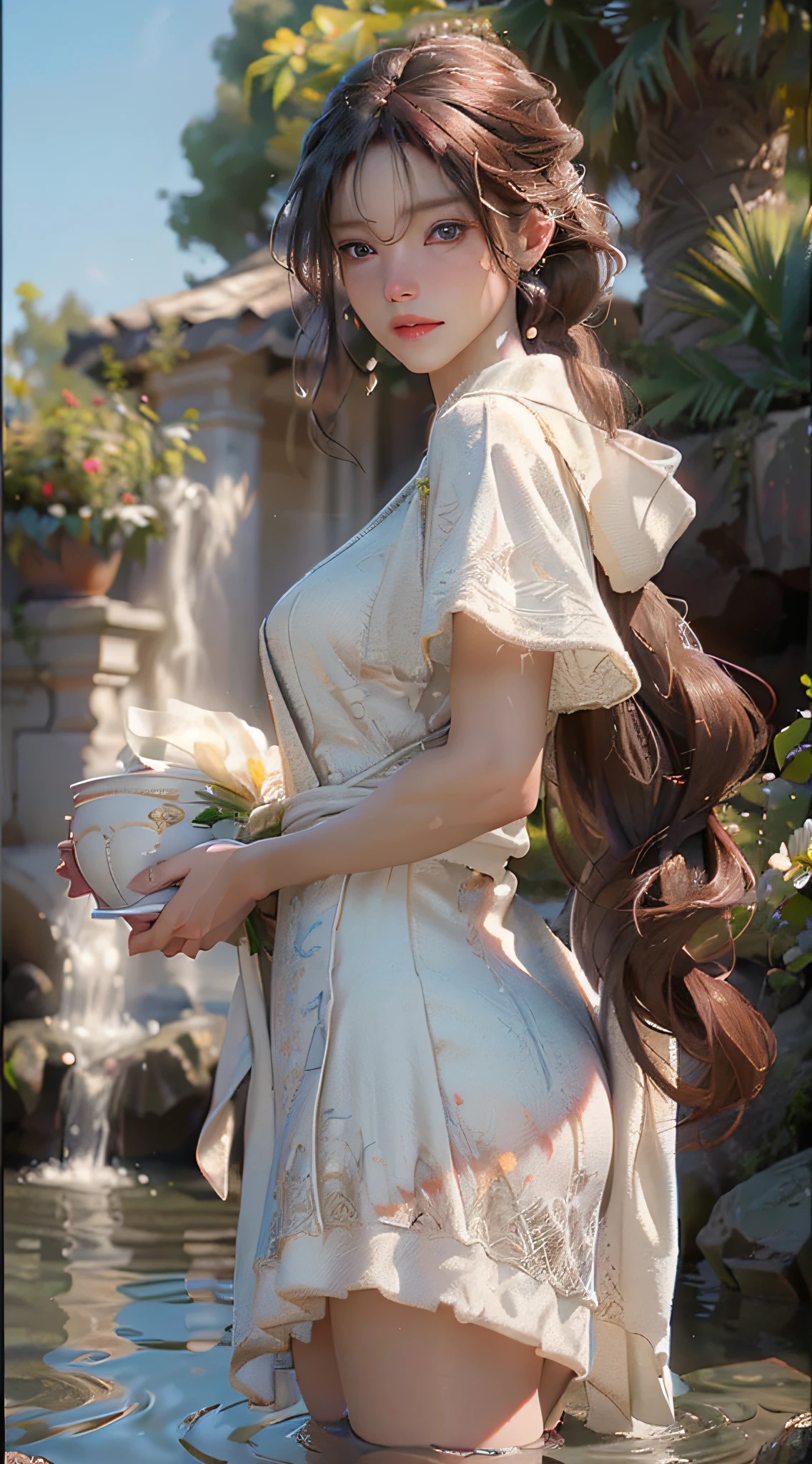 (8k, RAW photo, best quality, masterpiece:1.2), (realistic, photo-realistic:1.37), ultra-detailed, (high detailed skin:1.2), 8k uhd, dslr, soft lighting, high quality, film grain, Fujifilm XT3, professional lighting, photon mapping, radiosity, white robes moving in the wind, long white hair, fully clothed, perfect face, handsome, concept art, detailed face and body, award-winning photography, detailed face, backlight, ultrarealistic, ray tracing, intense gaze, looking at viewer, cinematic lighting, embers, fantasy, action pose, water splash, mist , RAW photo, 8k uhd, film grain,