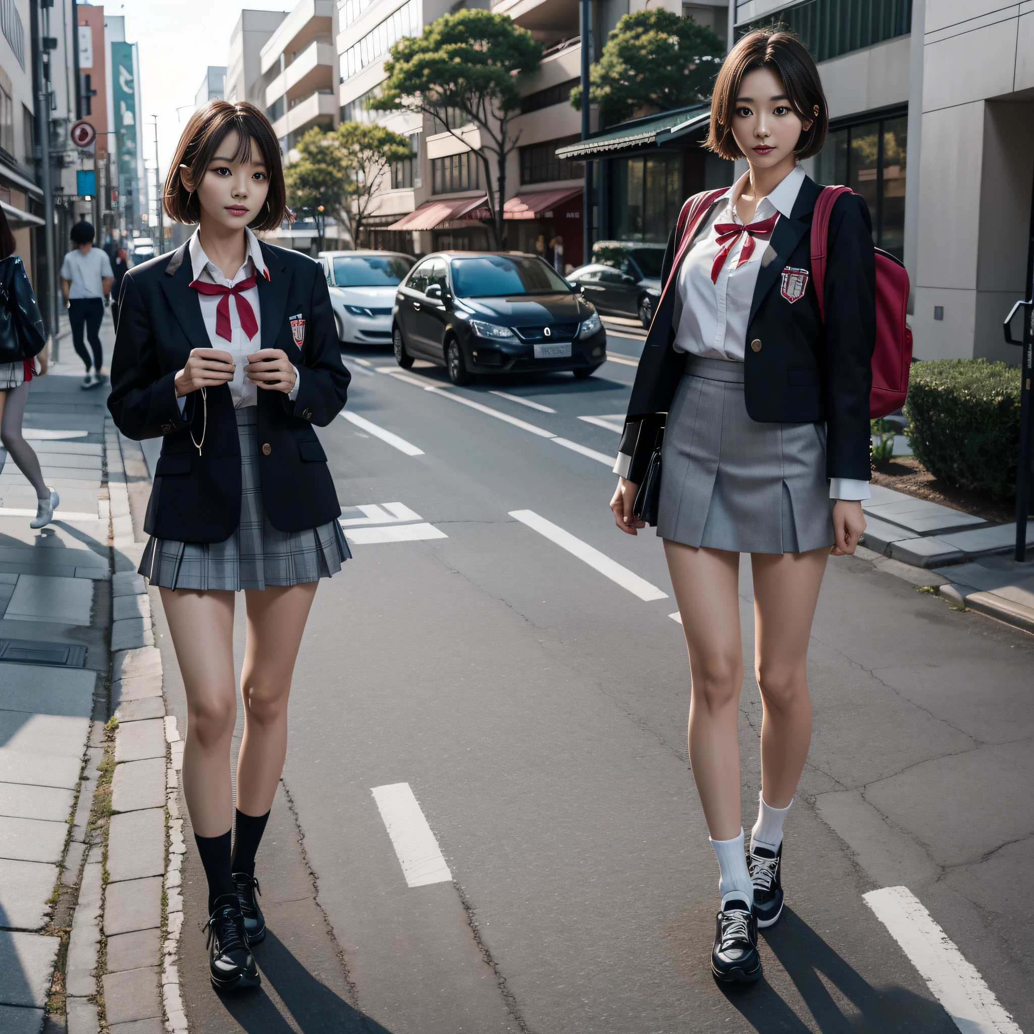 Schoolgirl, slim girl model photo, physical: Tinyest mid-life ever, female model, Japan female fashion model, Sakura Miyawaki, LE SSERAFIM, (8k, RAW photo, best quality, masterpiece: 1.2), (realistic, photorealistic: 1.37), ultra detail, ultra high definition, summer, school, standing, full body,