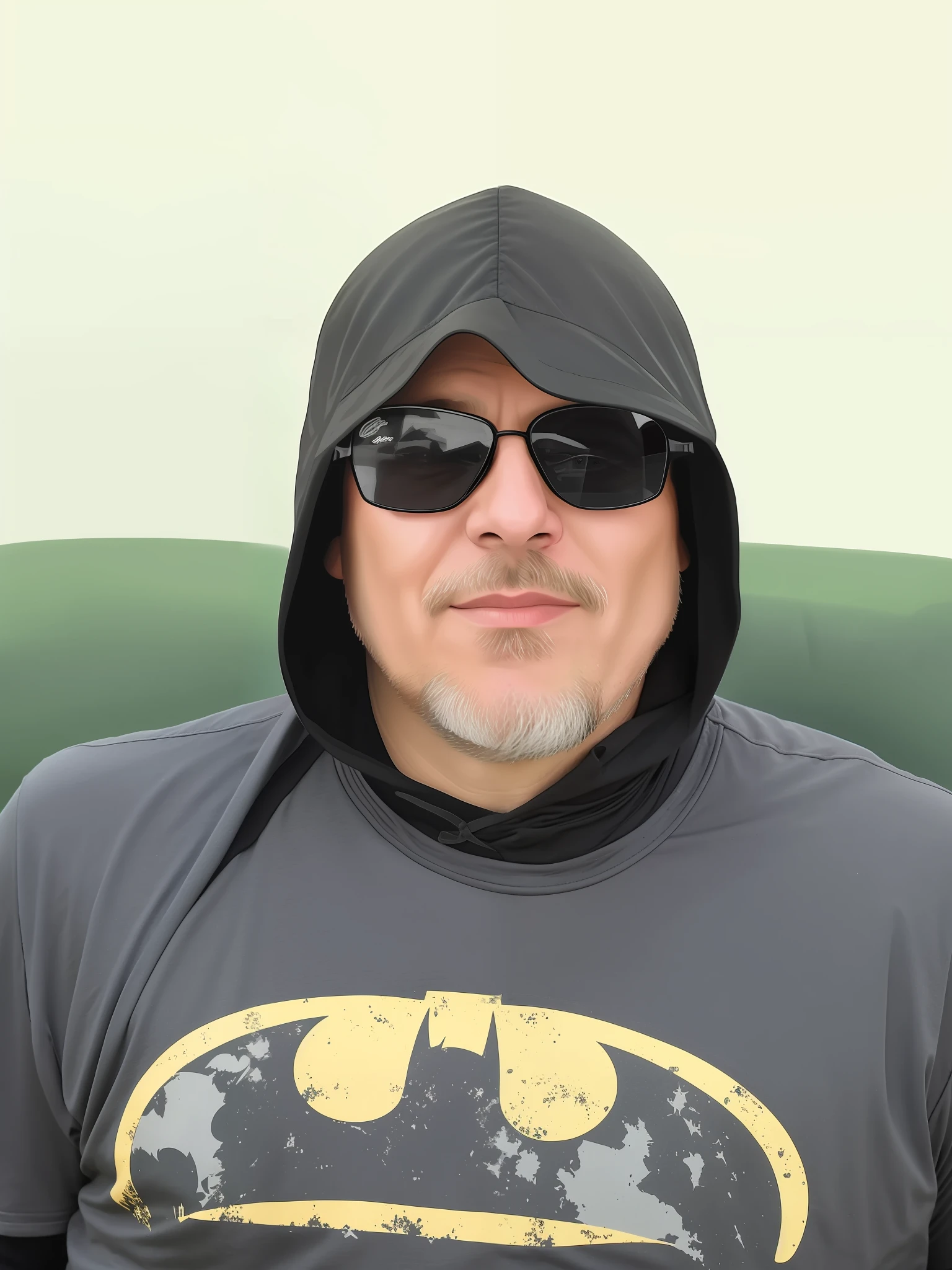 batman t - shirt on a man, billy corgan, he wears dark visors, wearing a dark hood, wearing sith hood, wearing sunglasses and a cap, photo of a 50-year-old white man, dark visor covering top of face, with glasses and goatee, wearing a hood, dark visor covering eyes