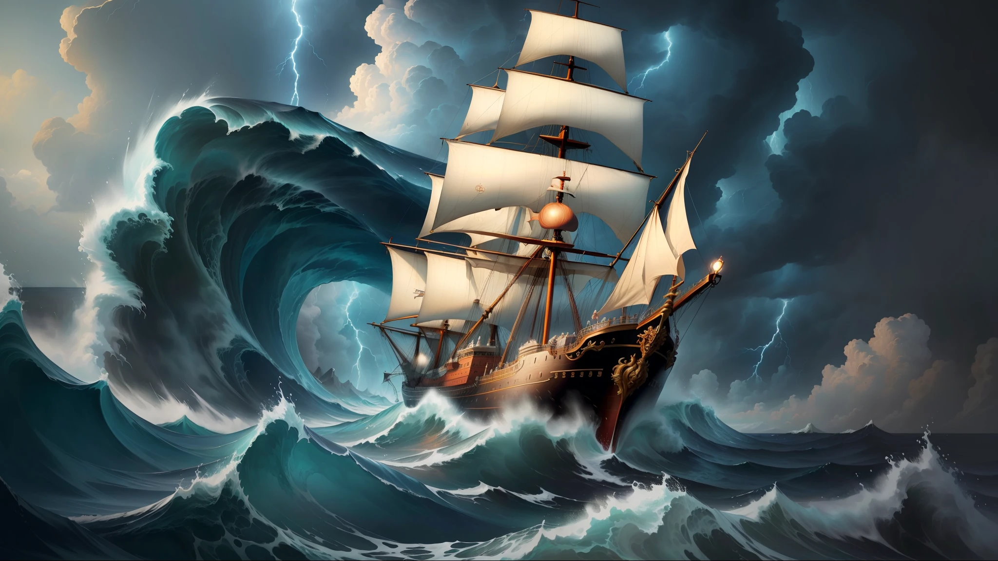 ((best quality)), ((masterpiece)), (detailed), rough ocean, (big ocean waves), (((storm atmospheric))), ((thunder)), lightning, ((majestic royal tall ship on a sea)), (loong), realistic painting, (long shot), hyper realistic, 8k, epic composition, cinematic