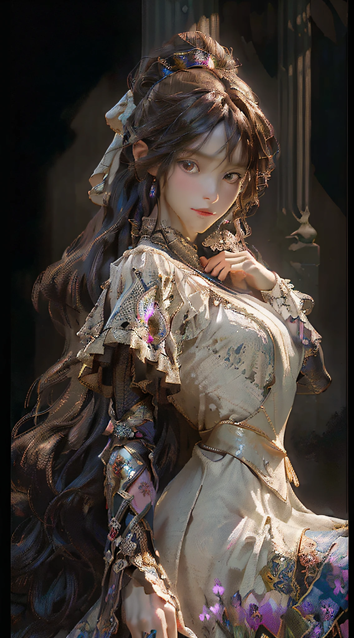 (front focus),(in the dark:1.6), Hyperrealist portrait of female by david hockney and alphonse mucha,fantasy art, photo realistic, dynamic lighting, artstation, poster, volumetric lighting, very detailed faces, 4 k, award winning,, 1girl, in the dark, deep shadow, low key,cowboy shot,(official clothing:1.4) ,long hair,white hair,