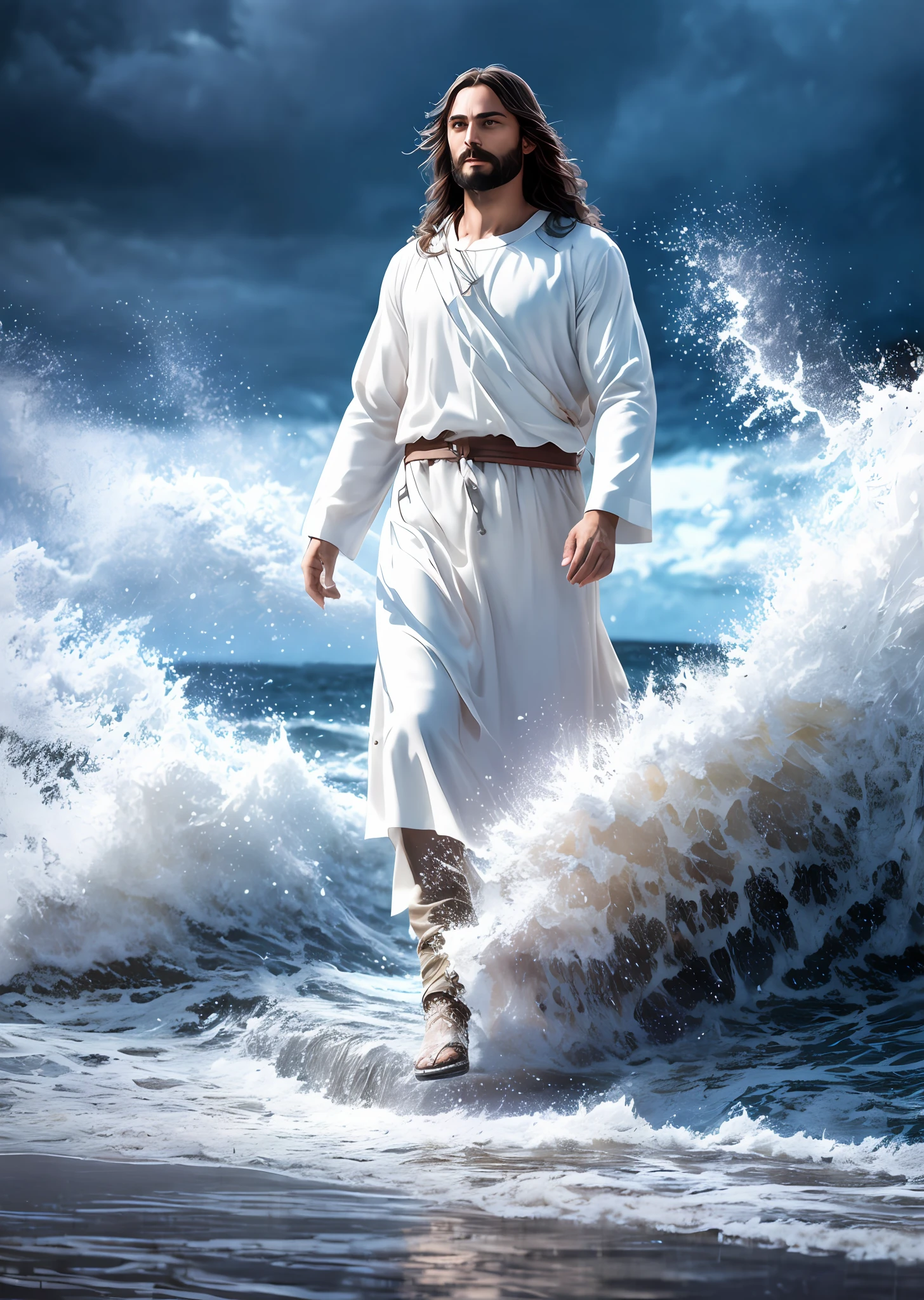 Jesus walking on water in a storm, gentle expression, streaks of light coming down from the sky, masterpiece, highest quality, high quality, highly detailed CG unit 8k wallpaper, award-winning photos, bokeh, depth of field, HDR, bloom, chromatic aberration, realistic, very detailed, trending at artstation, trending at CGsociety, complex, high detail, dramatic, mid-journey art, volumetric lighting