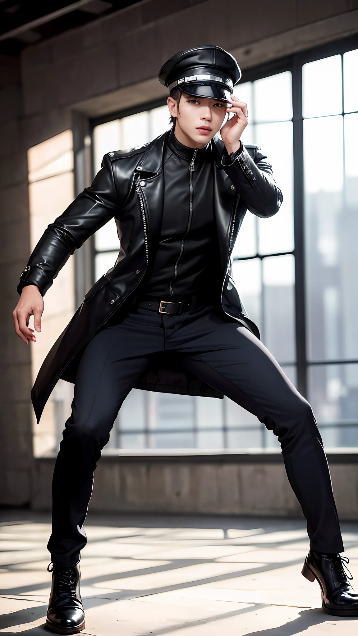 handsome man with grey hair wearing a long leather coat, running, man wearing a black bonet, man with grey messy long hair, combat boots, in a dynamic pose, holding his hat, sci fi, (8k, RAW photo, photorealistic:1.25) ,( lipgloss, eyelashes, man, gloss-face, glossy skin, dark skin, dark snik, male, best quality, ultra highres, young man, depth of field, chromatic aberration, caustics, Broad lighting, natural shading,Kpop idol) looking at viewer with a serene and god-like happiness, playful alluring smirk