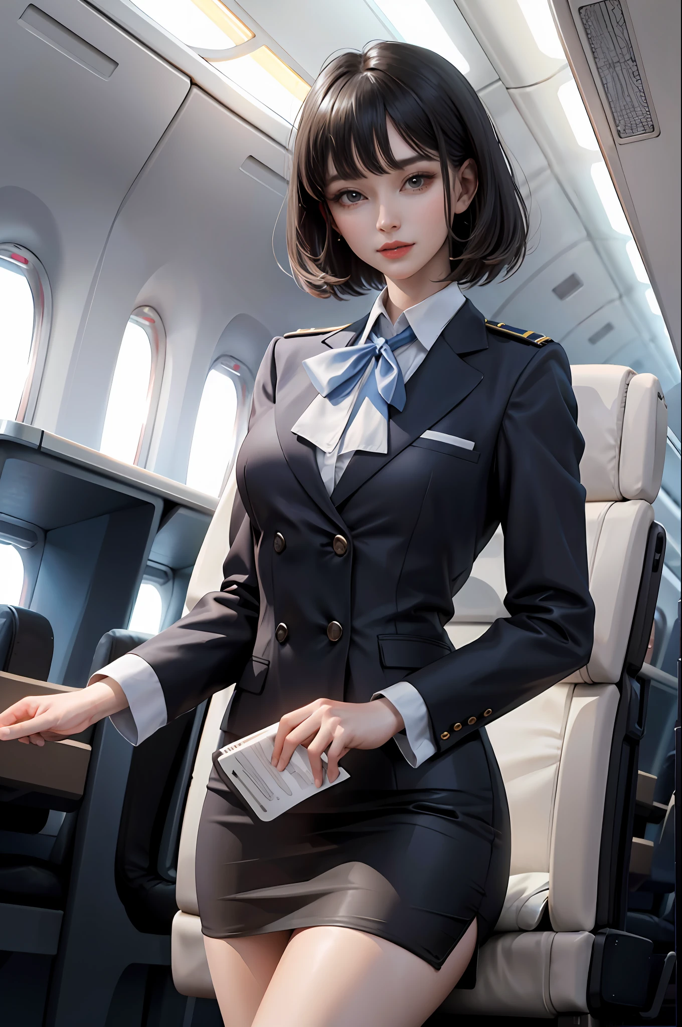 (masterpiece:1.2, best quality), 1lady, solo, Flight attendant, Uniform, Airplane, Serving passengers, Providing safety instructions, Responding to emergencies, bangs, (shiny skin:1.15),