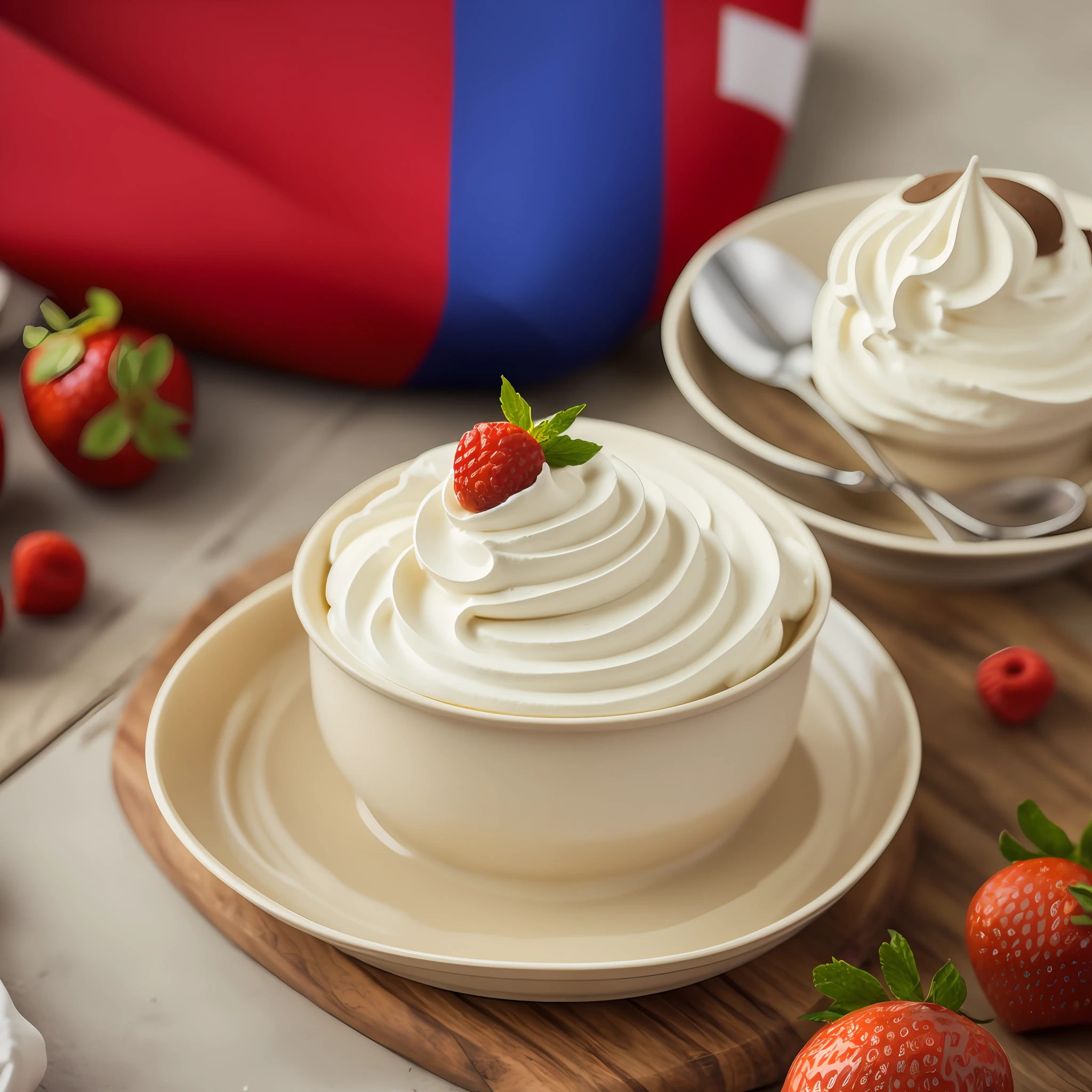 Pudding, ceramic dish, flag, cream, creamy pudding, realism --auto --s2