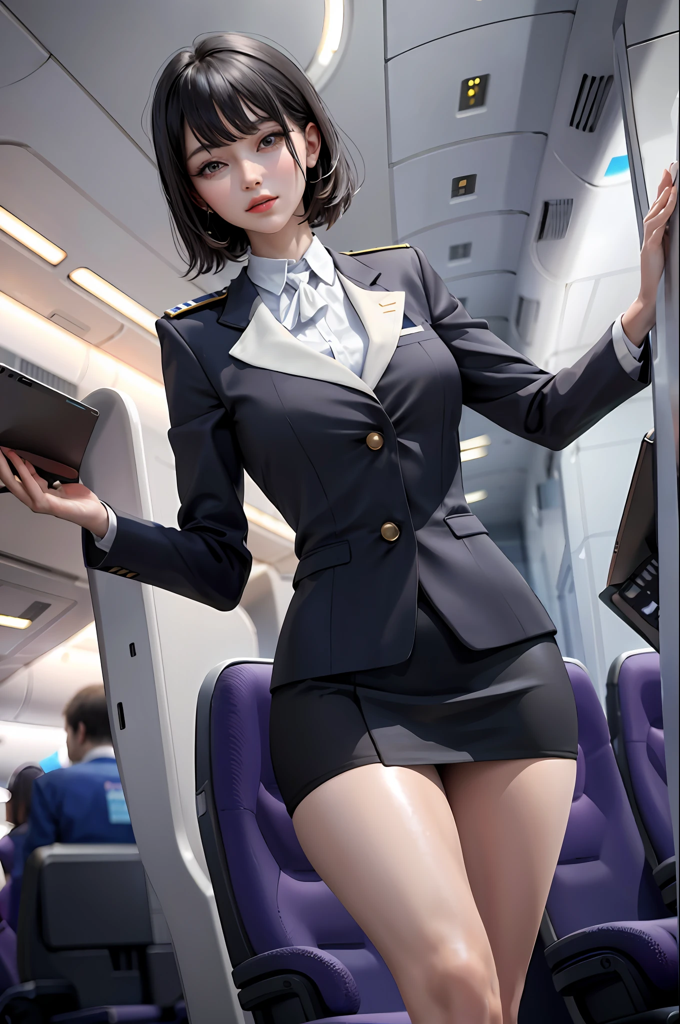 (masterpiece:1.2, best quality), 1lady, solo, Flight attendant, Uniform, Airplane, Serving passengers, Providing safety instructions, Responding to emergencies, bangs, (shiny skin:1.15),