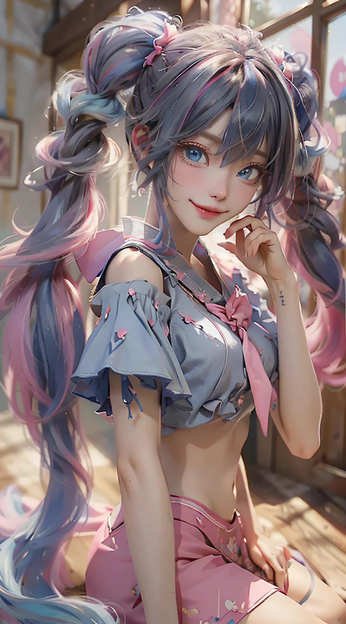 1girl, twintails, multicolored hair, hair ornament, hair over one eye, cat ears, blue eyes, blue hair, pink hair, smile, bow, solo, indoors, makeup, pleated skirt, long hair, bangs, pink nails, open mouth ,the most beautiful form of chaos, elegant, a brutalist designed, vivid colours, romanticism, atmospheric, (RAW photo, best quality), (realistic, photo-realistic:1.3), masterpiece, an extremely delicate and beautiful, extremely detailed, sitting,