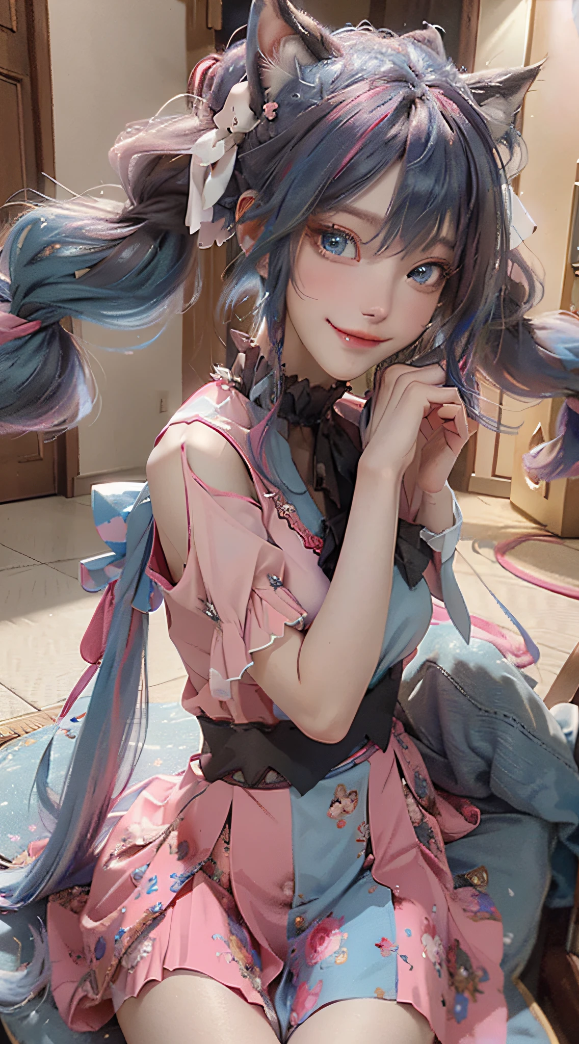 1girl, twintails, multicolored hair, hair ornament, hair over one eye, cat ears, blue eyes, blue hair, pink hair, smile, bow, solo, indoors, makeup, pleated skirt, long hair, bangs, pink nails, open mouth ,the most beautiful form of chaos, elegant, a brutalist designed, vivid colours, romanticism, atmospheric, (RAW photo, best quality), (realistic, photo-realistic:1.3), masterpiece, an extremely delicate and beautiful, extremely detailed, sitting,