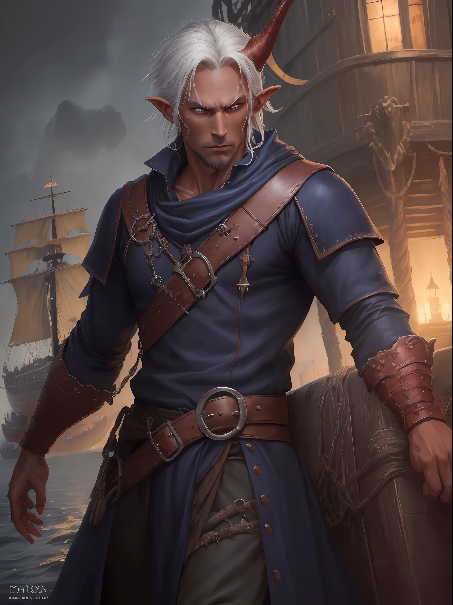 (Dark Red Skin:1.3) ((Tiefling:1.1)) (highly detailed RAW color photo, masterpiece, ultra detailed), (medieval pirate theme:1.3), (full body:0.6), solo, 1 androgen demon, skinny, handsome, (seductive:1.1), yellow eyes with silver hair without beard and large silver mustache, (detailed eyes and detailed face), looking at the viewer, wearing pirate vest ((navy blue:1.2)) and Scottish kilt, winter night in the background, standing (aboard a ship:1.6), leather and cold winter skin (cold clothes:1.3), beautiful night of overcast sky (fog: 1.2) (rain: 1.1) (winter: 1.4) (masterpiece: 1.2) (illustration: 1.1) (best quality: 1.2) (detailed) (intricate) (8k) (HDR) (wallpaper) (cinematic lighting) (sharp focus) (photography, soft sky lighting, soft details, artstation trend, ultra high detail, ultra realistic, cinematic, 16k, digital art, Dungeon and Dragons-inspired art)