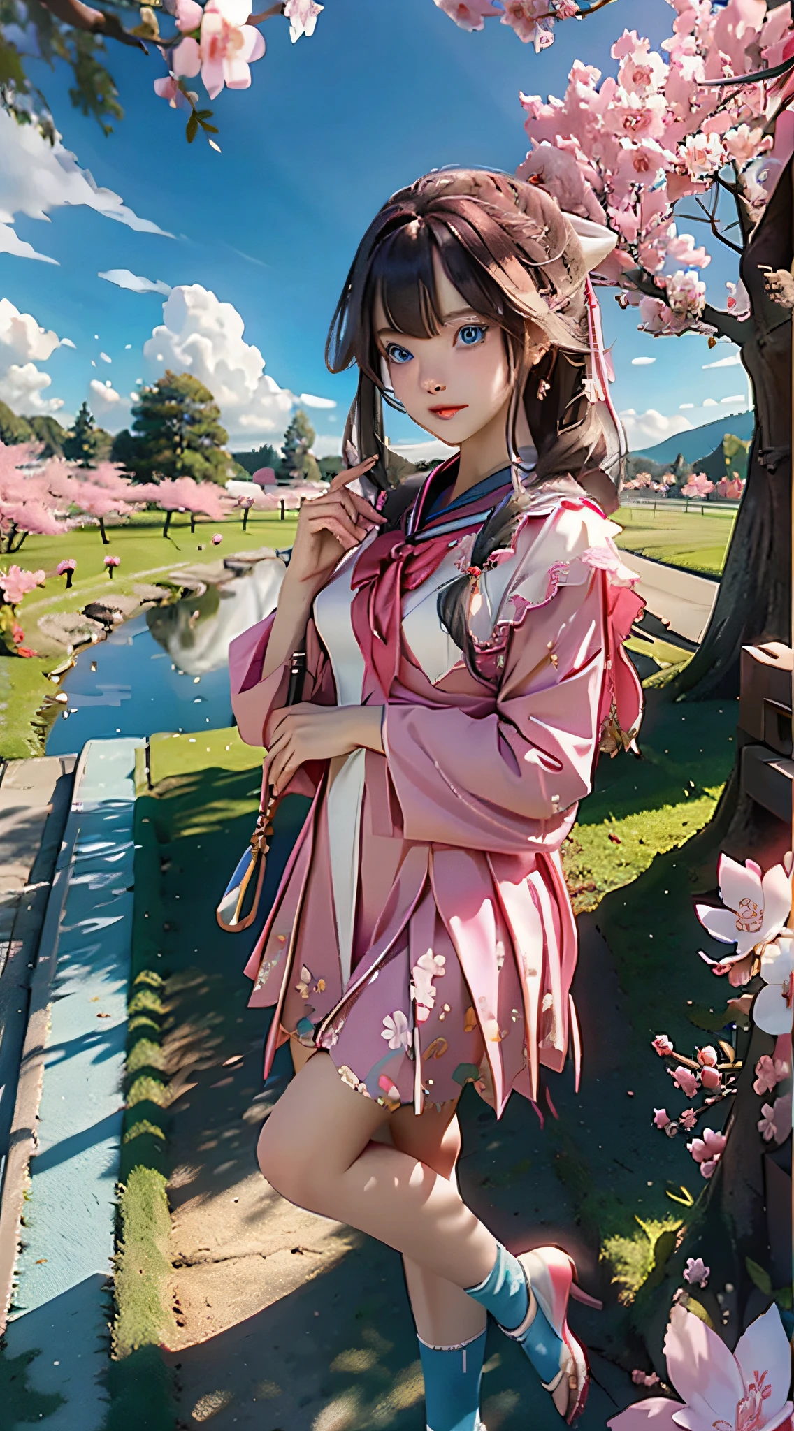 1 girl, bird, umbrella, long hair, outdoor, dress, solo, bust, blue eyes, holding, school uniform, pink flower, flower, black footwear, white hair, sky, holding an umbrella, petal, , , long sleeves, looking at the audience,, sky, bangs, looking back, cherry blossom, sailor's collar, hair flower, blue sky, standing, hair ornament, bow, tree