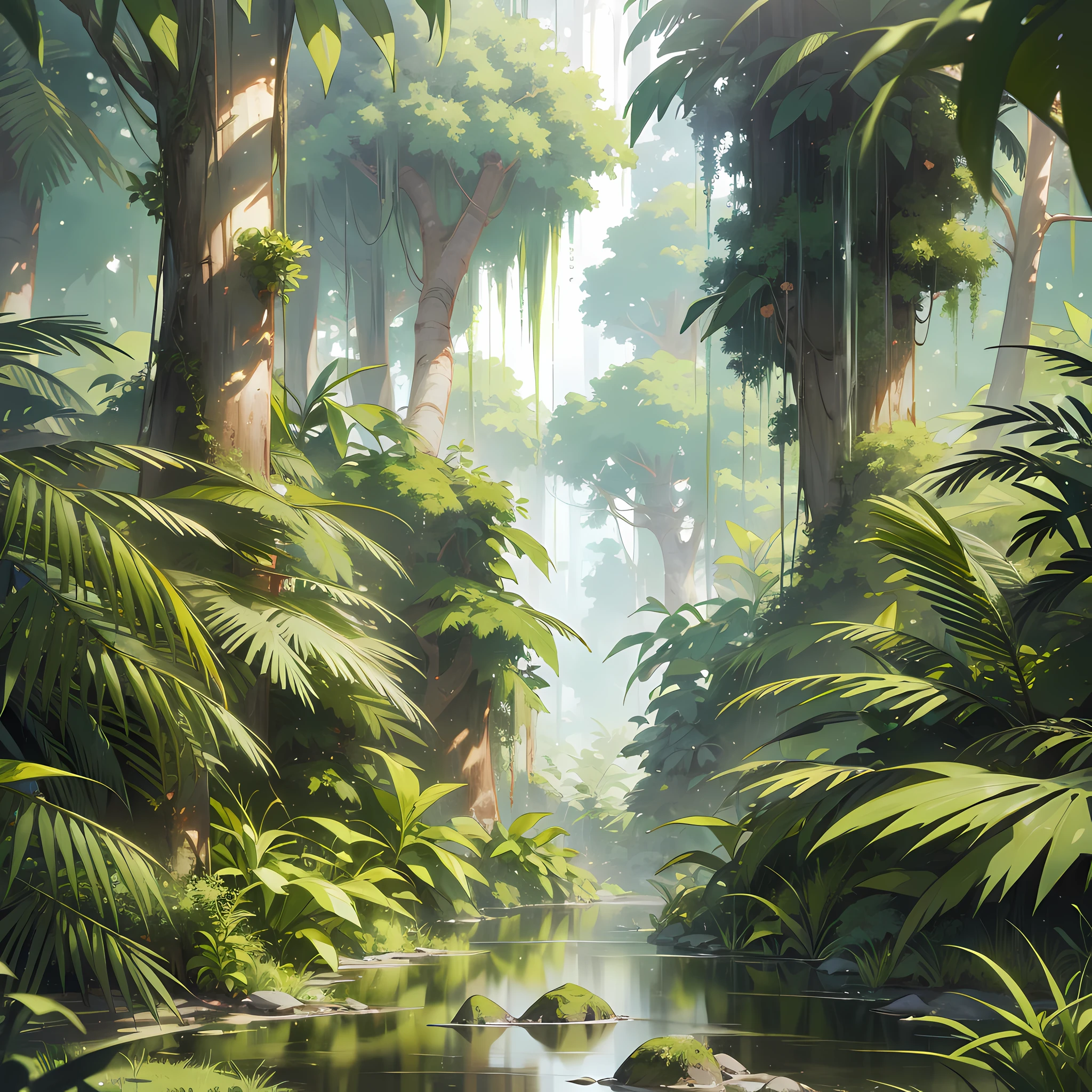 (masterpiece), the highest quality, very detailed unity CG 8k wallpaper, repeat the vegetation of the jungle, the predominance of greenery, fresh air.