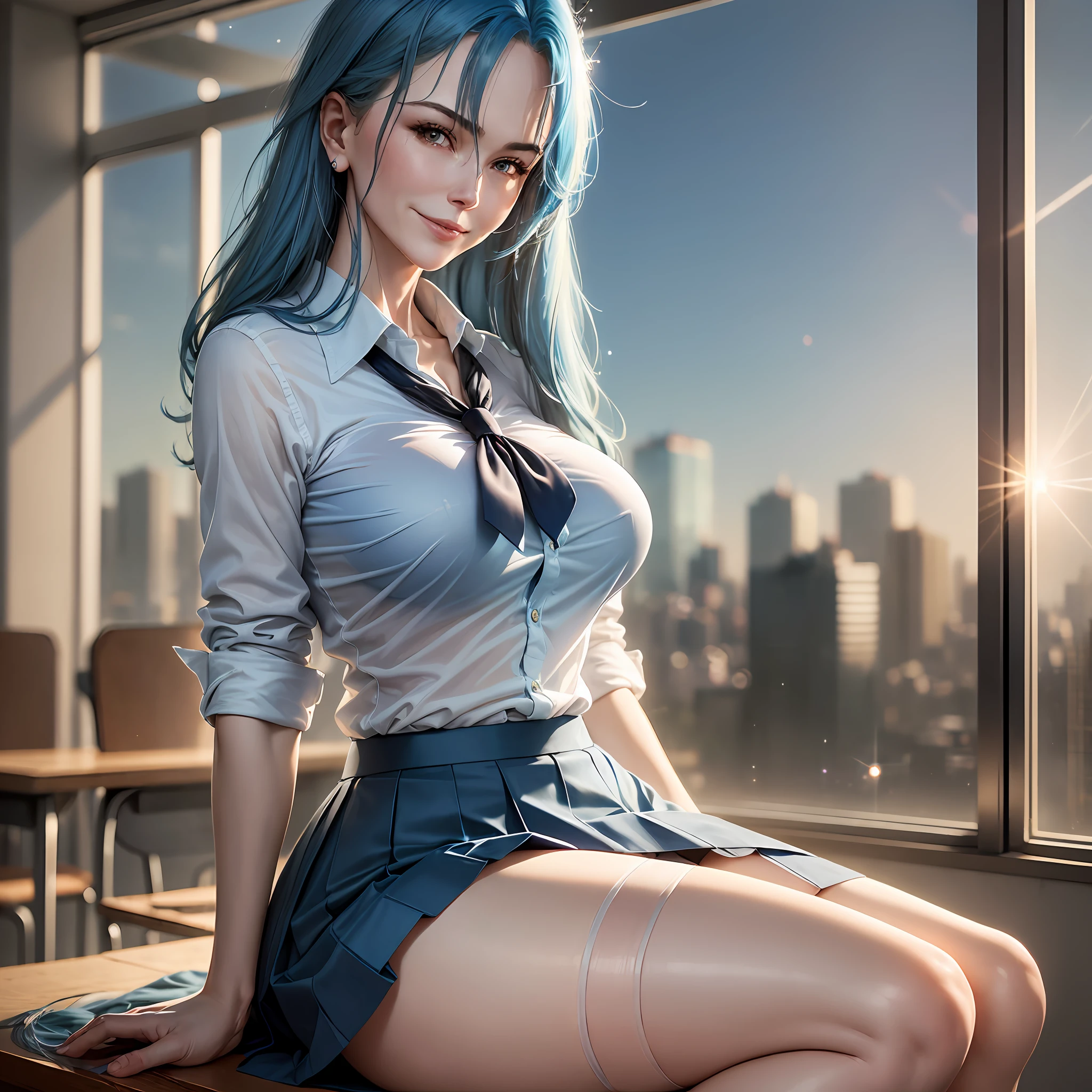 AGMM, 1girl, (Nicole Kidman, blue hair, Colored_Skin:1.2), wearing wet school uniform, large breasts, reveal, cover, skirt, thighs. inside the building, classroom, sun rays, bokeh, sparkles, night, smile, sexy smile, --auto --s2