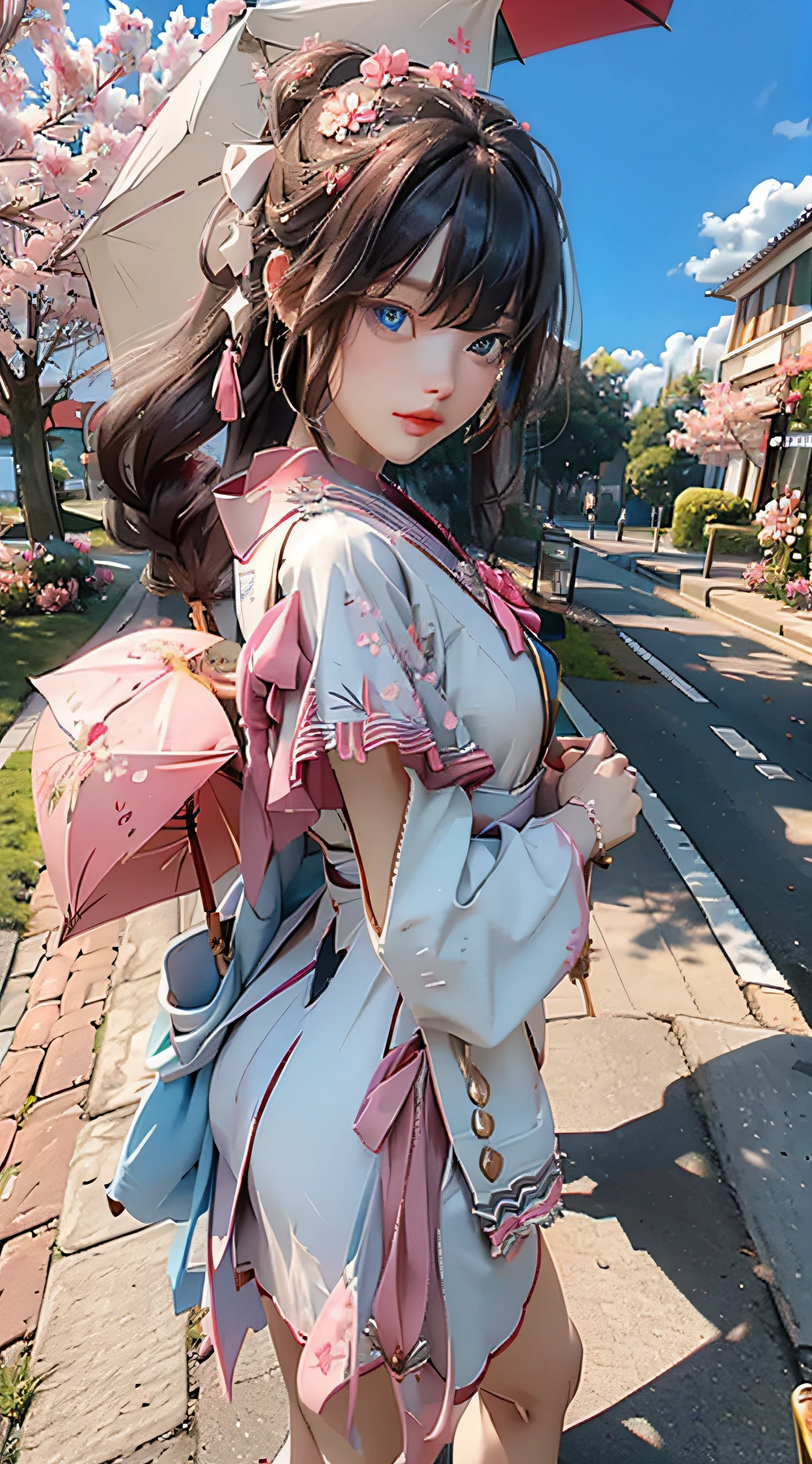 1 girl, bird, umbrella, long hair, outdoor, dress, solo, bust, blue eyes, holding, school uniform, pink flower, flower, black footwear, white hair, sky, holding an umbrella, petal, , , long sleeves, looking at the audience,, sky, bangs, looking back, cherry blossom, sailor's collar, hair flower, blue sky, standing, hair ornament, bow, tree