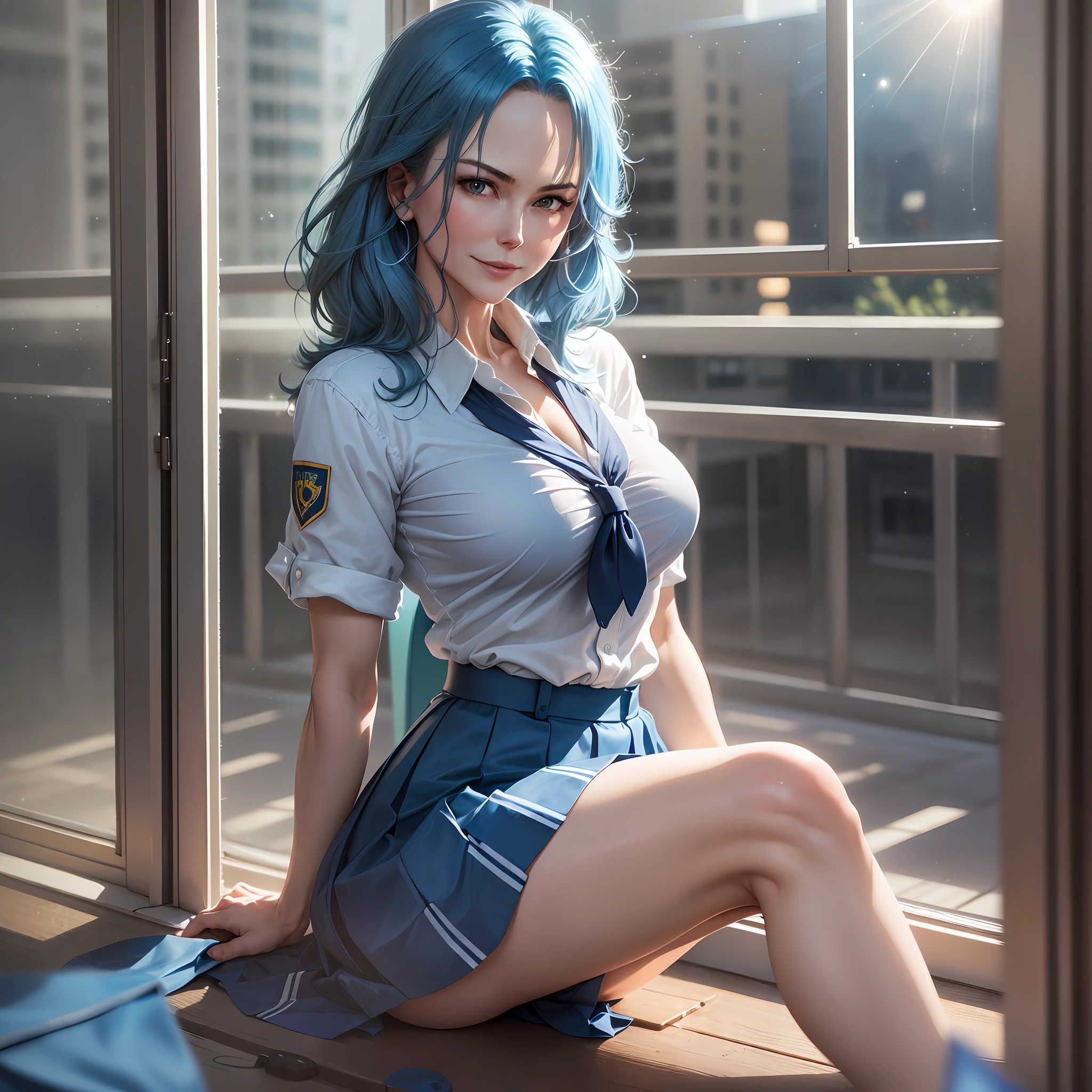 AGMM, 1girl, (Nicole Kidman, blue hair, Colored_Skin:1.2), wearing wet school uniform, large breasts, reveal, cover, skirt, thighs. inside the building, classroom, sun rays, bokeh, sparkles, night, smile, sexy smile, --auto --s2