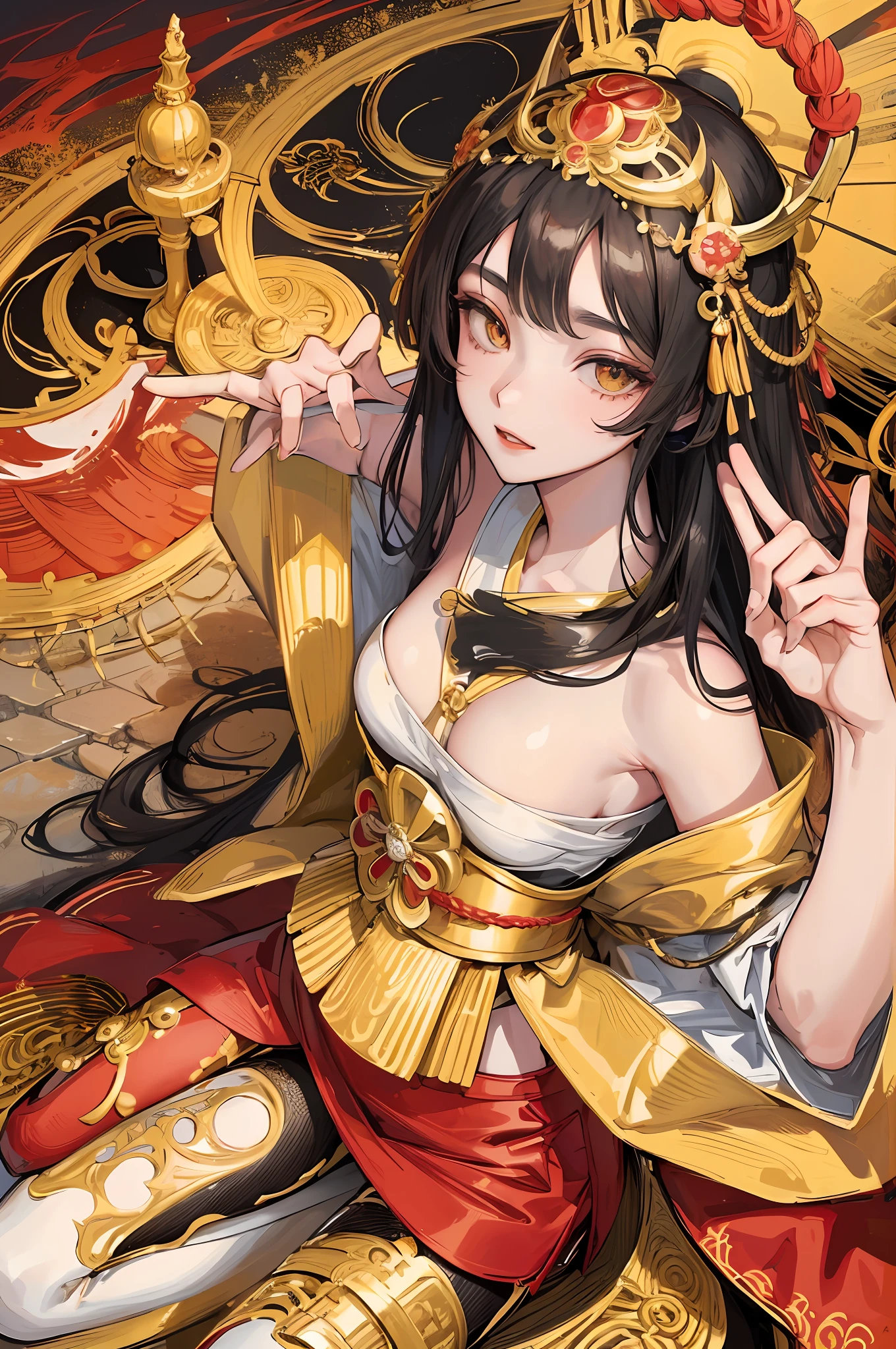 Amaterasu, goddess of the sun, incarnation of the sun, supreme god of Japan, ruler of Takamagahara and the deification of the sun. The ancestor of the Japanese emperor, the supreme god of Shinto in Japan, ((normal breasts)), (human wife), indifference, extreme majesty, golden eyes, coated with gold dust, sitting cross-legged, shaping a glorious atmosphere, fair skin, long black hair, mother, gold clothing, clogs, perfect legs, ancient Japanese clothing, gorgeous gold belt, (lots of luxurious Japanese accessories), perfect flesh full of texture, , scorching rendering effect, jaw-dropping, captivating visual enjoyment, ((best quality), ((masterpiece) ), maximum definition, multi-layered texture, super detailed, illustration, (super detailed face), (perfect face), clear texture, fine texture, ultra-HD detail display, excellent image performance, high-quality illustration, perfectly fitting and harmonious tones, deep lines, precise brush strokes, with a strong sense of three-dimensionality and delicate wear, wonderful color matching, intricate details