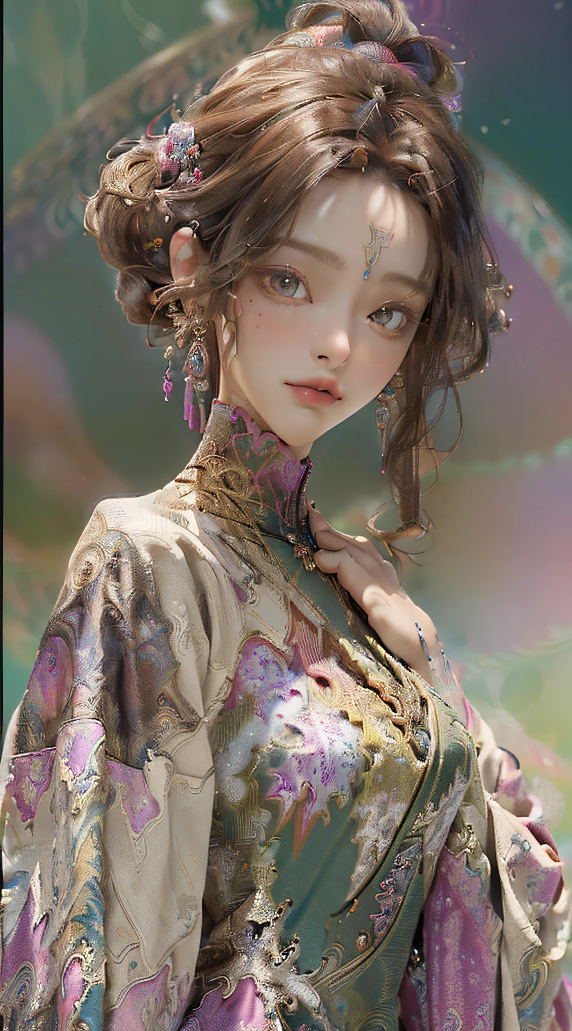 (masterpiece, top quality, best quality, official art, beautiful and aesthetic:1.2), (1girl:1.3), extremely detailed,(fractal art:1.2),colorful,highest detailed,(zentangle:1.2), (dynamic pose), (abstract background:1.5), (treditional dress:1.2), (shiny skin), (many colors:1.4), upper body