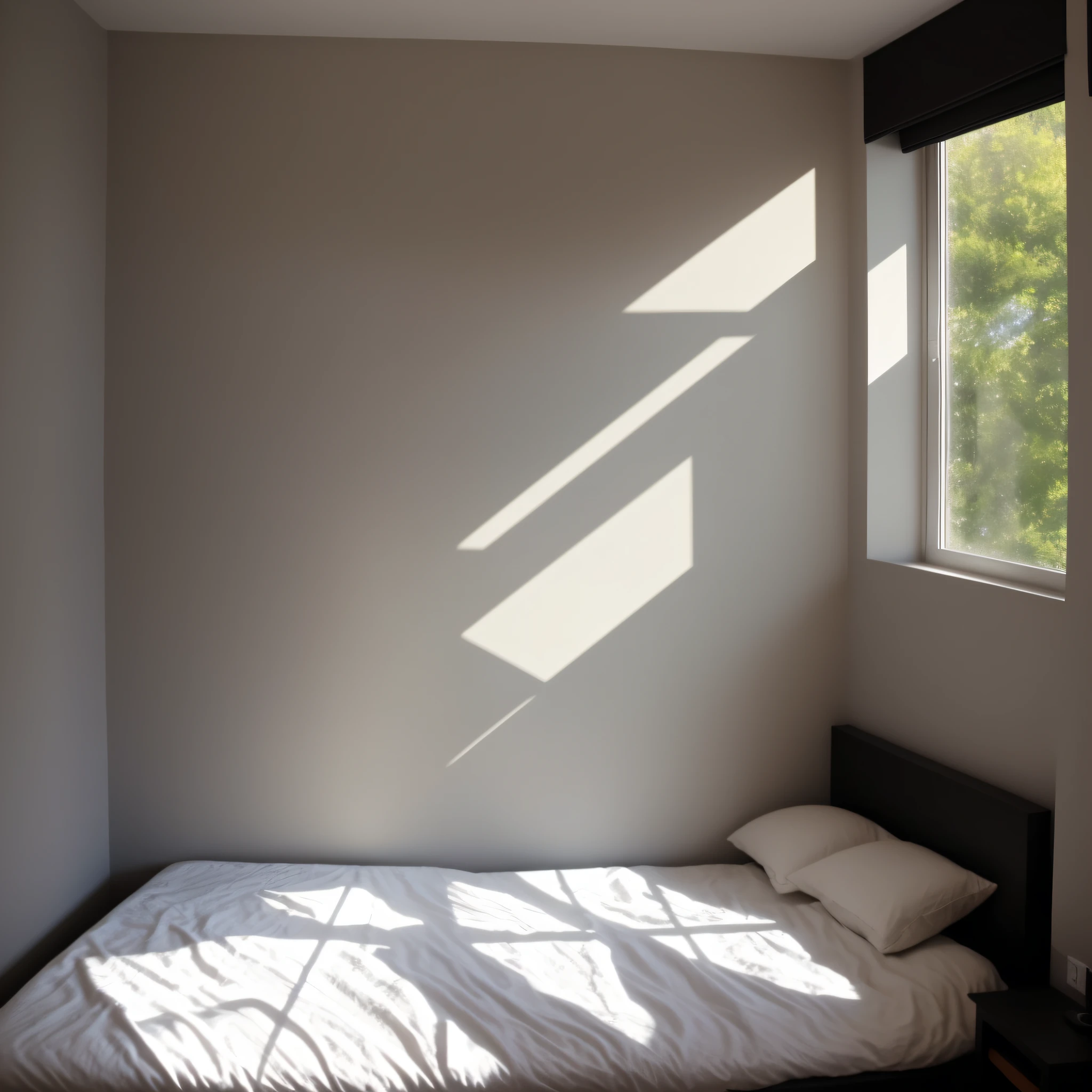 Shadows, dark shots, very small space, a bed, against the wall, only false window, 3:4 ratio, bedroom, dimly lit room, medium view