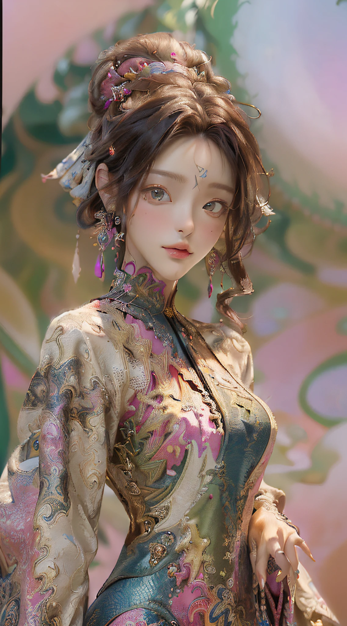 (masterpiece, top quality, best quality, official art, beautiful and aesthetic:1.2), (1girl:1.3), extremely detailed,(fractal art:1.2),colorful,highest detailed,(zentangle:1.2), (dynamic pose), (abstract background:1.5), (treditional dress:1.2), (shiny skin), (many colors:1.4), upper body