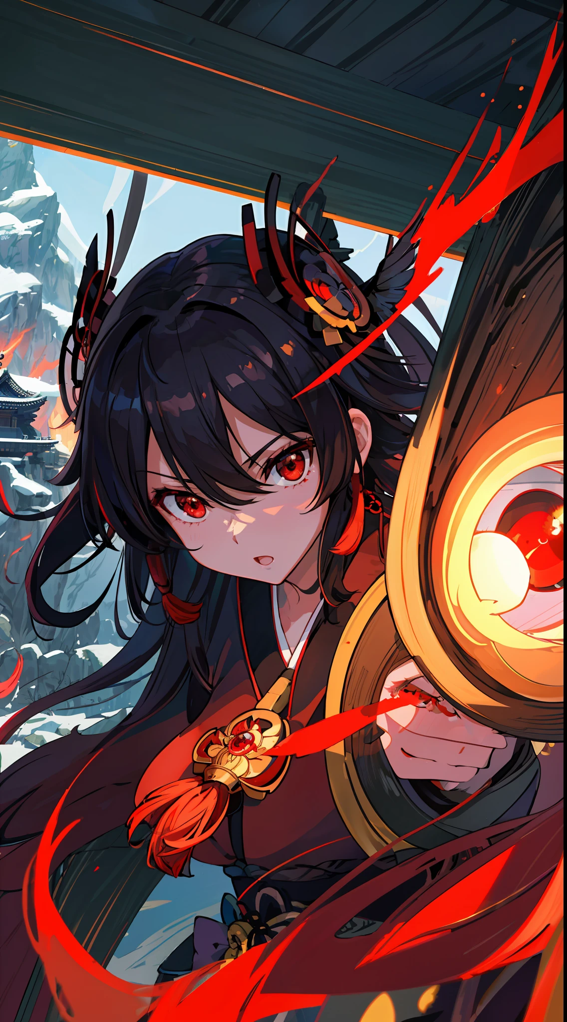 masterpiece, best quality, ultra-detailed, CG illustration, high resolution, better lighting, best shadow, extremely delicate and beautiful, appropriate shading, HD, 8k, ray tracing, hyper detailed and sharp background, perfect lights, anime style, Inspired by the game Mahokenshi: House of Ruby (Tengu, winged mountain kami, aggressive, red and white colors), strength, samuraipunk, solo, 1 woman, black hair, red eyes,  adult, obi tassel,