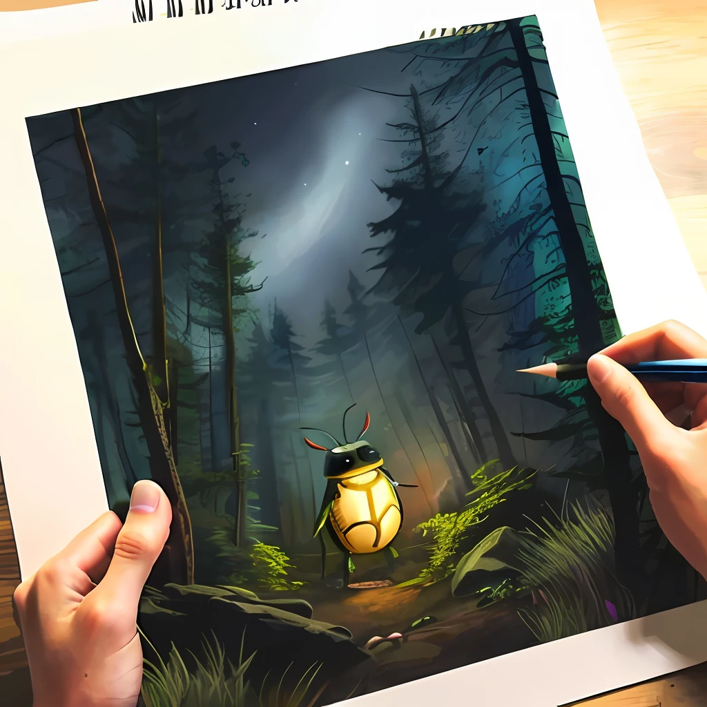 Drawing of a firefly beetle in the middle of a forest at night