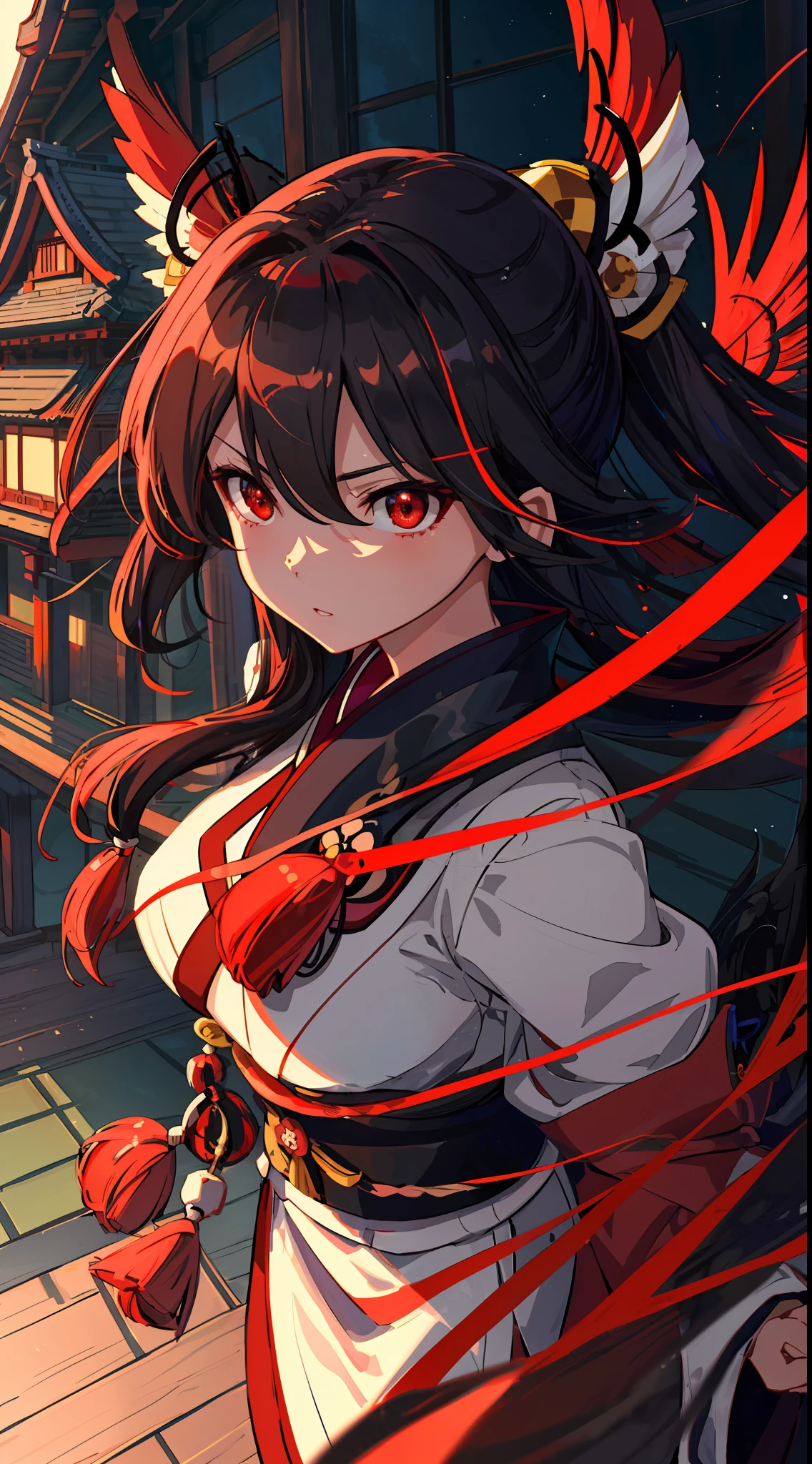 masterpiece, best quality, ultra-detailed, CG illustration, high resolution, better lighting, best shadow, extremely delicate and beautiful, appropriate shading, HD, 8k, ray tracing, hyper detailed and sharp background, perfect lights, anime style, Inspired by the game Mahokenshi: House of Ruby (Tengu, winged mountain kami, aggressive, red and white colors), strength, samuraipunk, solo, 1 woman, black hair, red eyes, adult, obi tassel,