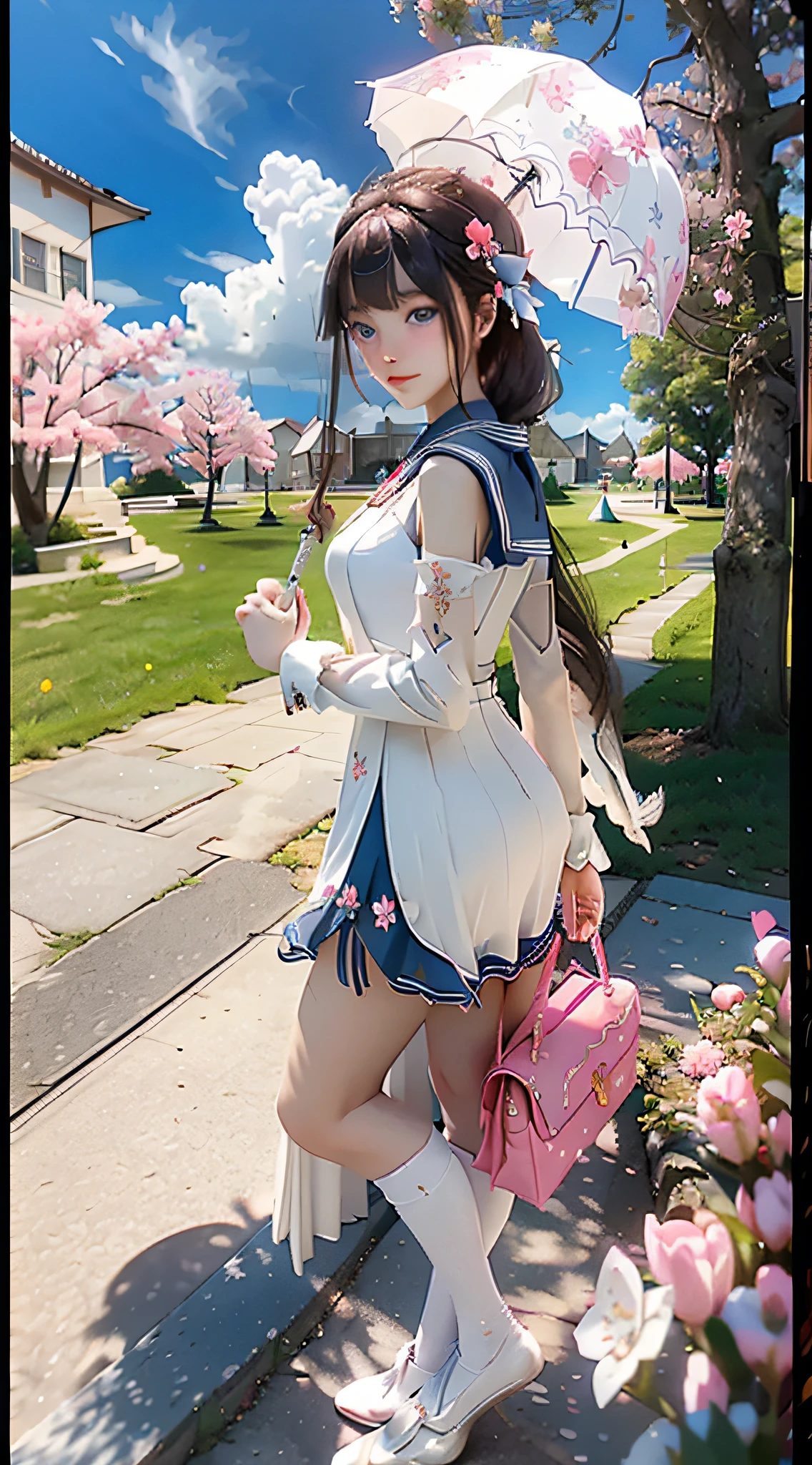 1 girl, bird, umbrella, long hair, outdoor, dress, solo, bust, blue eyes, holding, white dress, pink flower, flower, black footwear, white hair, day, holding an umbrella, petal, bag, stairs, long sleeves, looking at the audience, socks, white socks, shoes, sky, bangs, turning back, cherry blossoms, sailor collar, hair flower, blue sky, standing, hair ornament, bow, tree