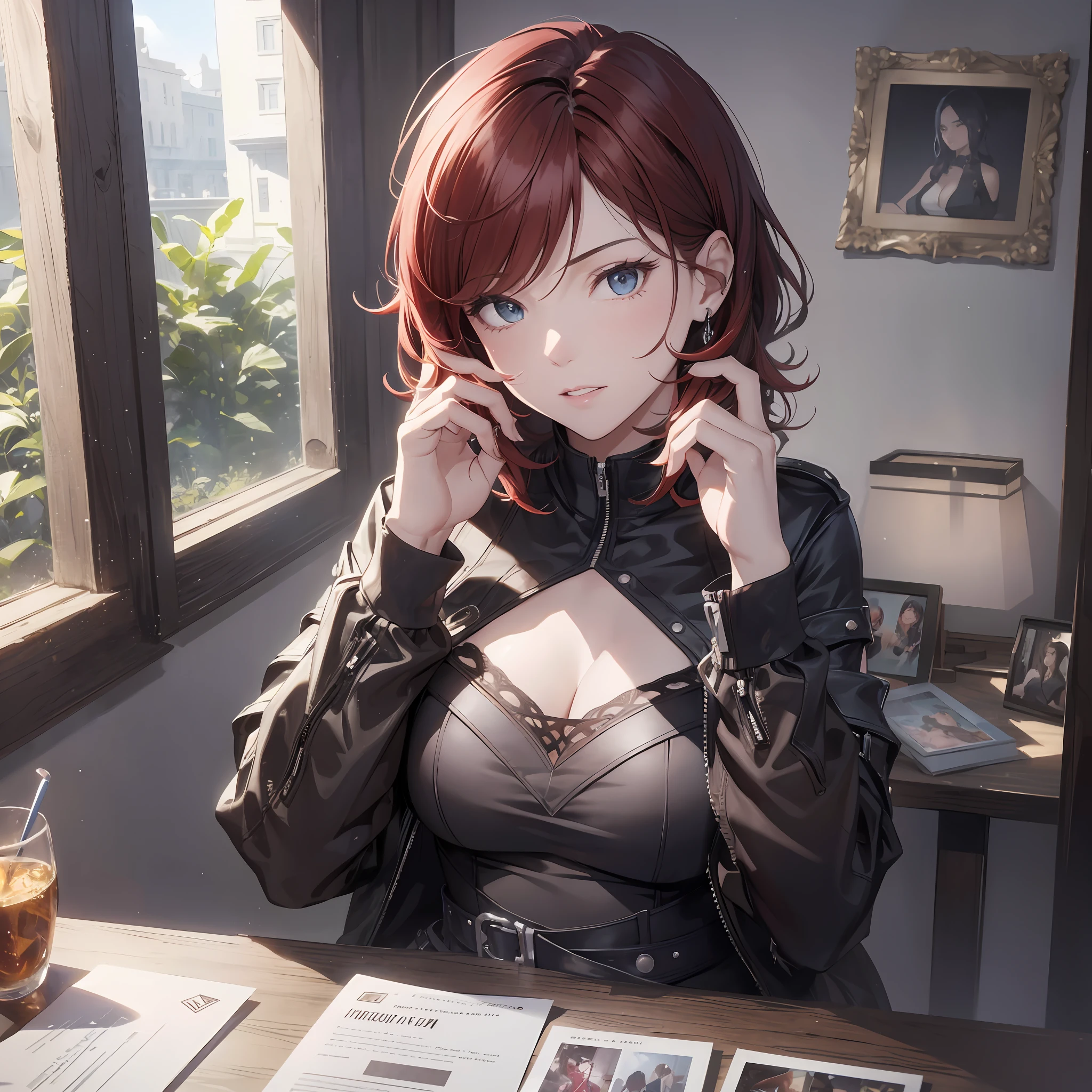 A twenty-year-old woman in a black top with short red hair is on the phone (background is villa garden 1.5) (sexy 1.3) (upper body display) (best quality: 1.1) (masterpiece: 1.3) with unparalleled masterpiece, surreal 8K, perfect artwork, super detail, best quality, masterpiece 4K wallpaper aesthetics, masterpiece, award-winning artwork, official art, cinematic lighting