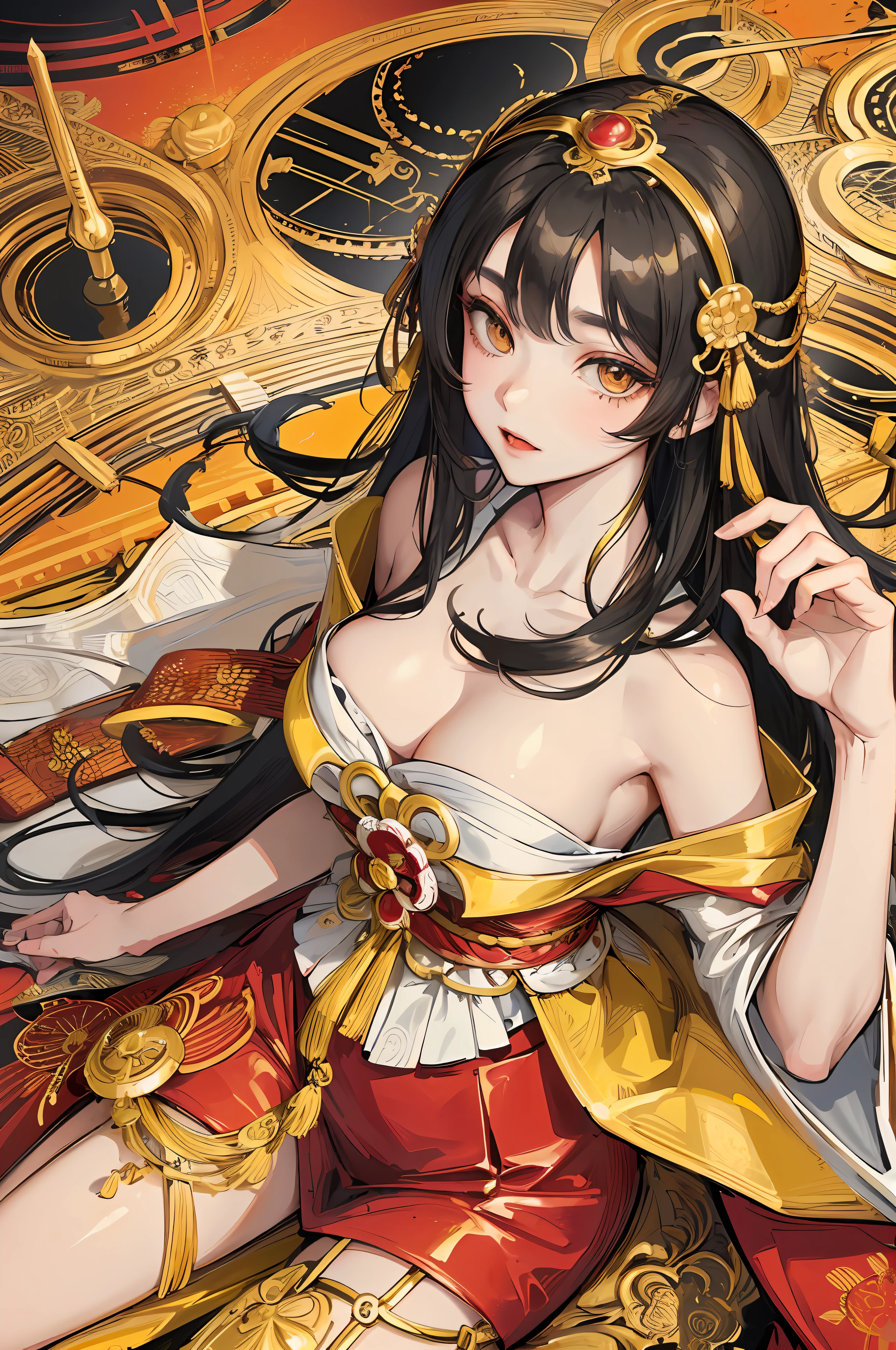 Amaterasu, goddess of the sun, incarnation of the sun, supreme god of Japan, ruler of Takamagahara and the deification of the sun. The ancestor of the Japanese emperor, the supreme god of Shinto in Japan, ((normal breasts)), (human wife), indifference, extreme majesty, golden eyes, coated with gold dust, sitting cross-legged, shaping a glorious atmosphere, fair skin, long black hair, mother, gold clothing, clogs, perfect legs, ancient Japanese clothing, gorgeous gold belt, (lots of luxurious Japanese accessories), perfect flesh full of texture, , scorching rendering effect, jaw-dropping, captivating visual enjoyment, ((best quality), ((masterpiece) ), maximum definition, multi-layered texture, super detailed, illustration, (super detailed face), (perfect face), clear texture, fine texture, ultra-HD detail display, excellent image performance, high-quality illustration, perfectly fitting and harmonious tones, deep lines, precise brush strokes, with a strong sense of three-dimensionality and delicate wear, wonderful color matching, intricate details