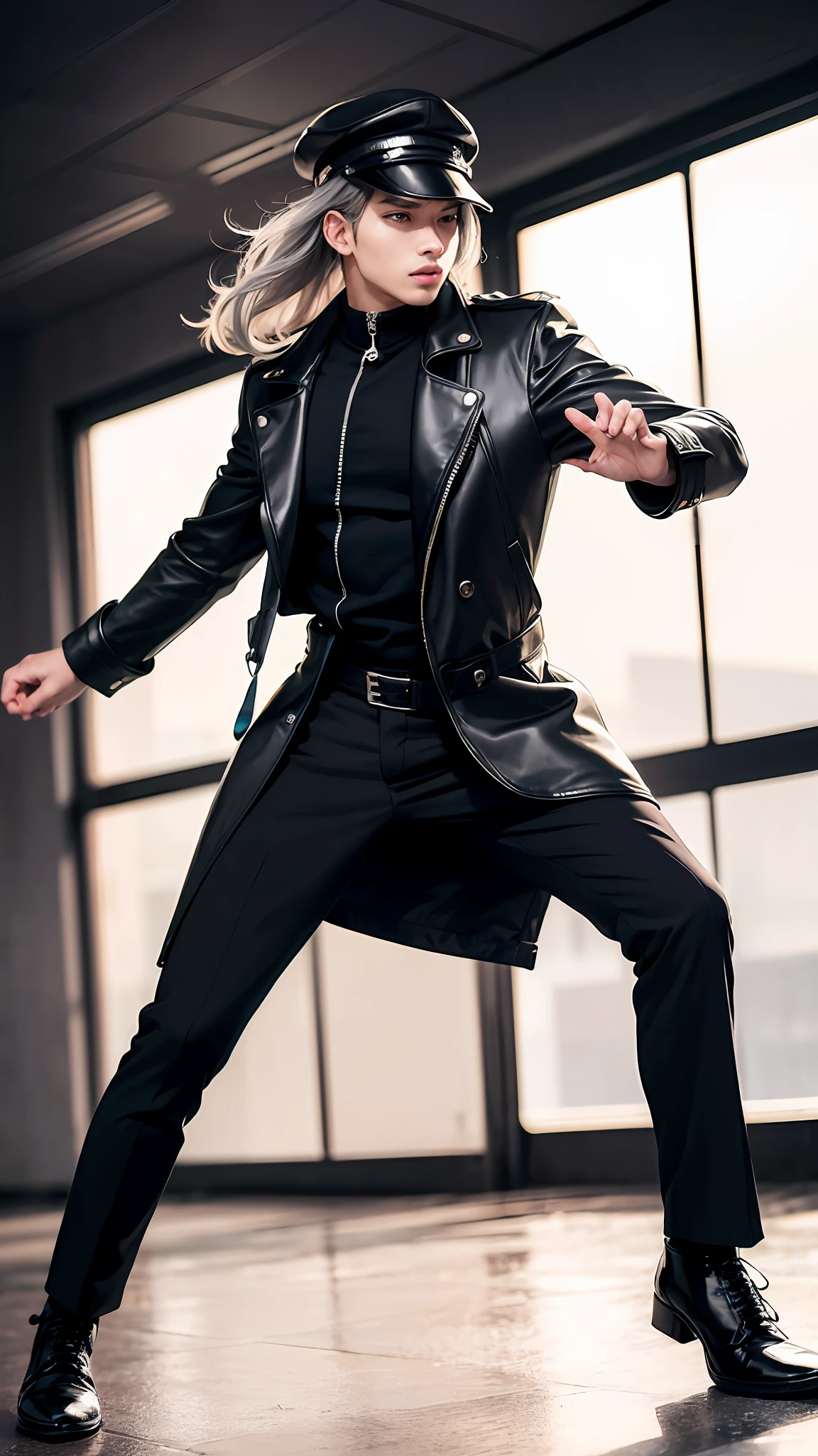 handsome man with grey hair wearing a long leather coat, running, man wearing a black bonet, man with grey messy long hair, combat boots, in a dynamic pose, holding his hat, sci fi, (8k, RAW photo, photorealistic:1.25) ,( lipgloss, eyelashes, man, gloss-face, glossy skin, dark skin, dark snik, male, best quality, ultra highres, young man, depth of field, chromatic aberration, caustics, Broad lighting, natural shading,Kpop idol) looking at viewer with a serene and god-like happiness, playful alluring smirk