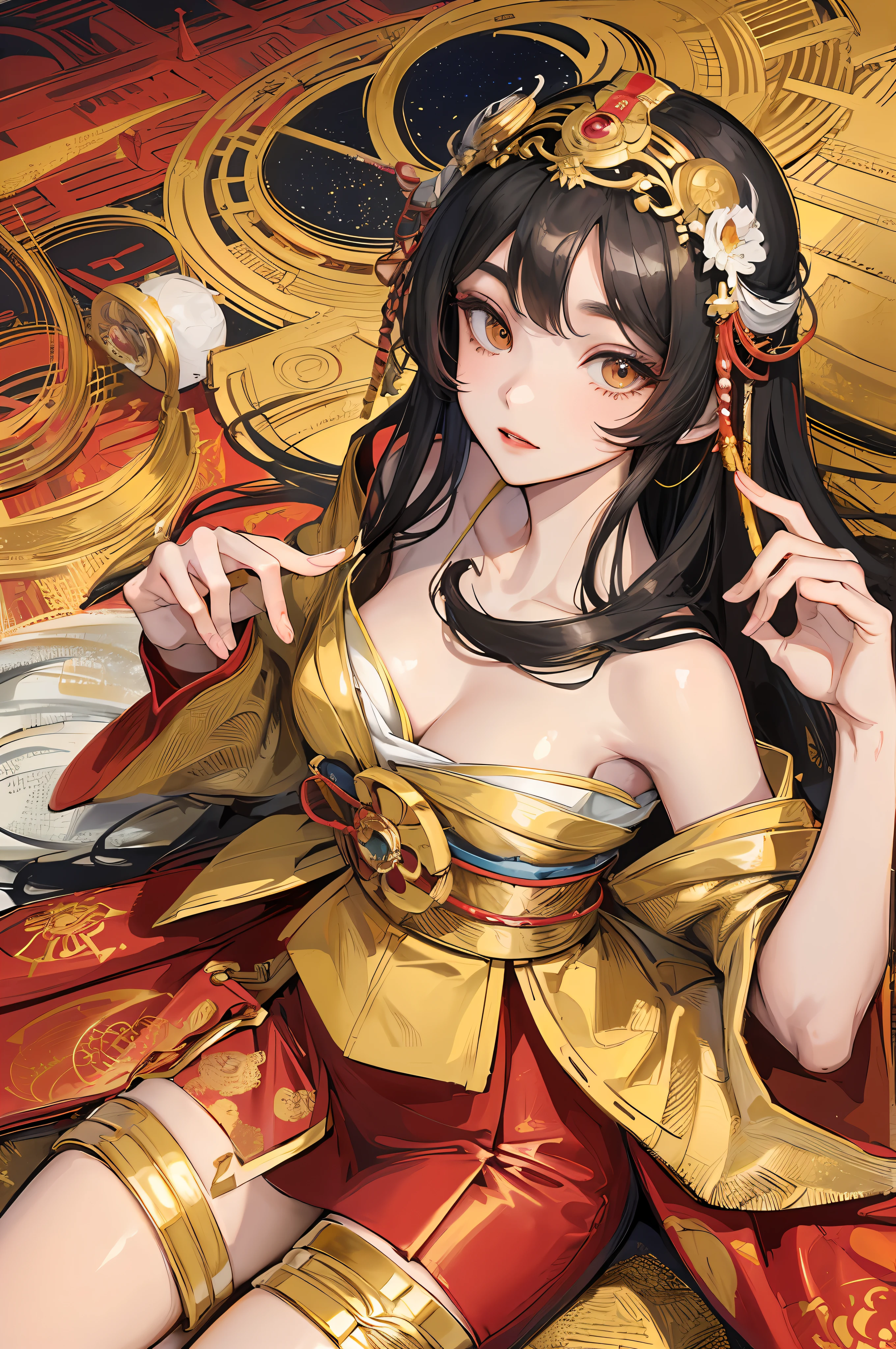 Amaterasu, goddess of the sun, incarnation of the sun, supreme god of Japan, ruler of Takamagahara and the deification of the sun. The ancestor of the Japanese emperor, the supreme god of Shinto in Japan, ((normal breasts)), (human wife), indifference, extreme majesty, golden eyes, coated with gold dust, sitting cross-legged, shaping a glorious atmosphere, fair skin, long black hair, mother, gold clothing, clogs, perfect legs, ancient Japanese clothing, gorgeous gold belt, (lots of luxurious Japanese accessories), perfect flesh full of texture, , scorching rendering effect, jaw-dropping, captivating visual enjoyment, ((best quality), ((masterpiece) ), maximum definition, multi-layered texture, super detailed, illustration, (super detailed face), (perfect face), clear texture, fine texture, ultra-HD detail display, excellent image performance, high-quality illustration, perfectly fitting and harmonious tones, deep lines, precise brush strokes, with a strong sense of three-dimensionality and delicate wear, wonderful color matching, intricate details