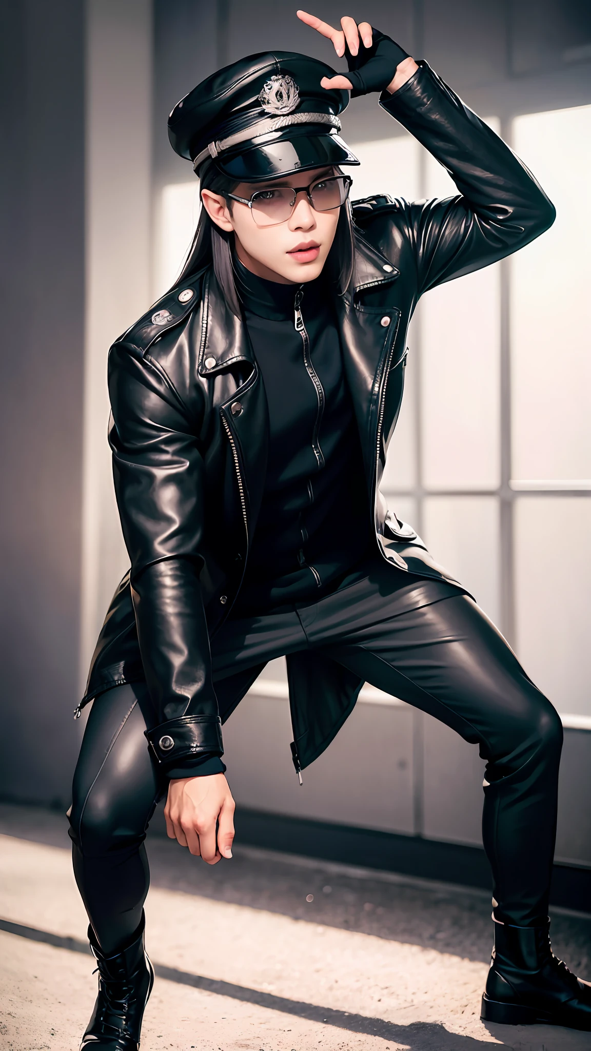 handsome man with grey hair wearing a long leather coat, running, man wearing a black bonet, man with grey messy long hair, combat boots, in a dynamic pose, holding his hat, sci fi, (8k, RAW photo, photorealistic:1.25) ,( lipgloss, eyelashes, man, gloss-face, glossy skin, dark skin, dark snik, male, best quality, ultra highres, young man, depth of field, chromatic aberration, caustics, Broad lighting, natural shading,Kpop idol) looking at viewer with a serene and god-like happiness, playful alluring smirk