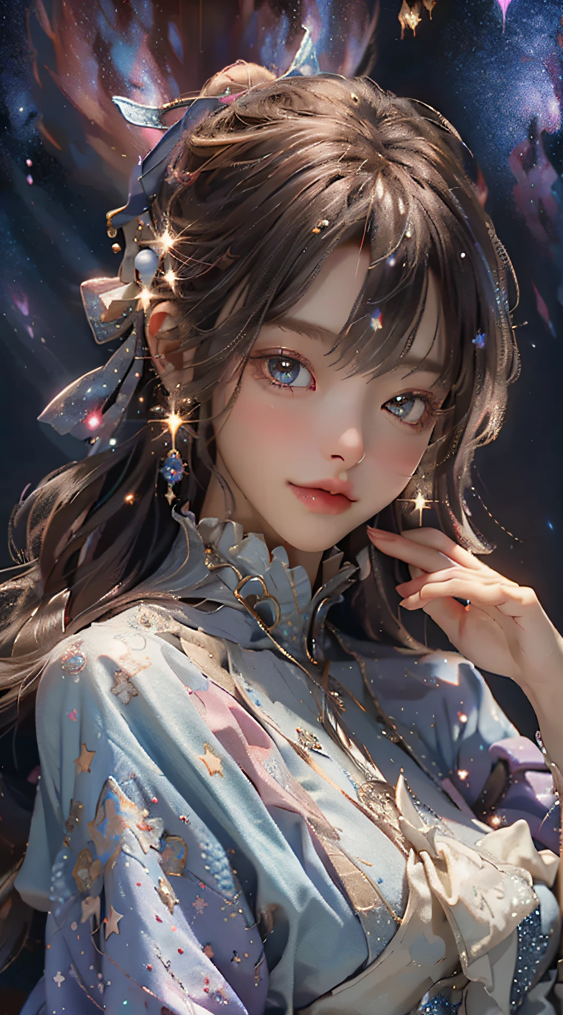 High detail, super detail, super high resolution, girl enjoying her time in the dream galaxy, surrounded by stars, warm light sprinkled on her, background is starry sky with colorful galaxies and galaxy clouds, stars flying around her, delicate face, adding playful atmosphere , --v6