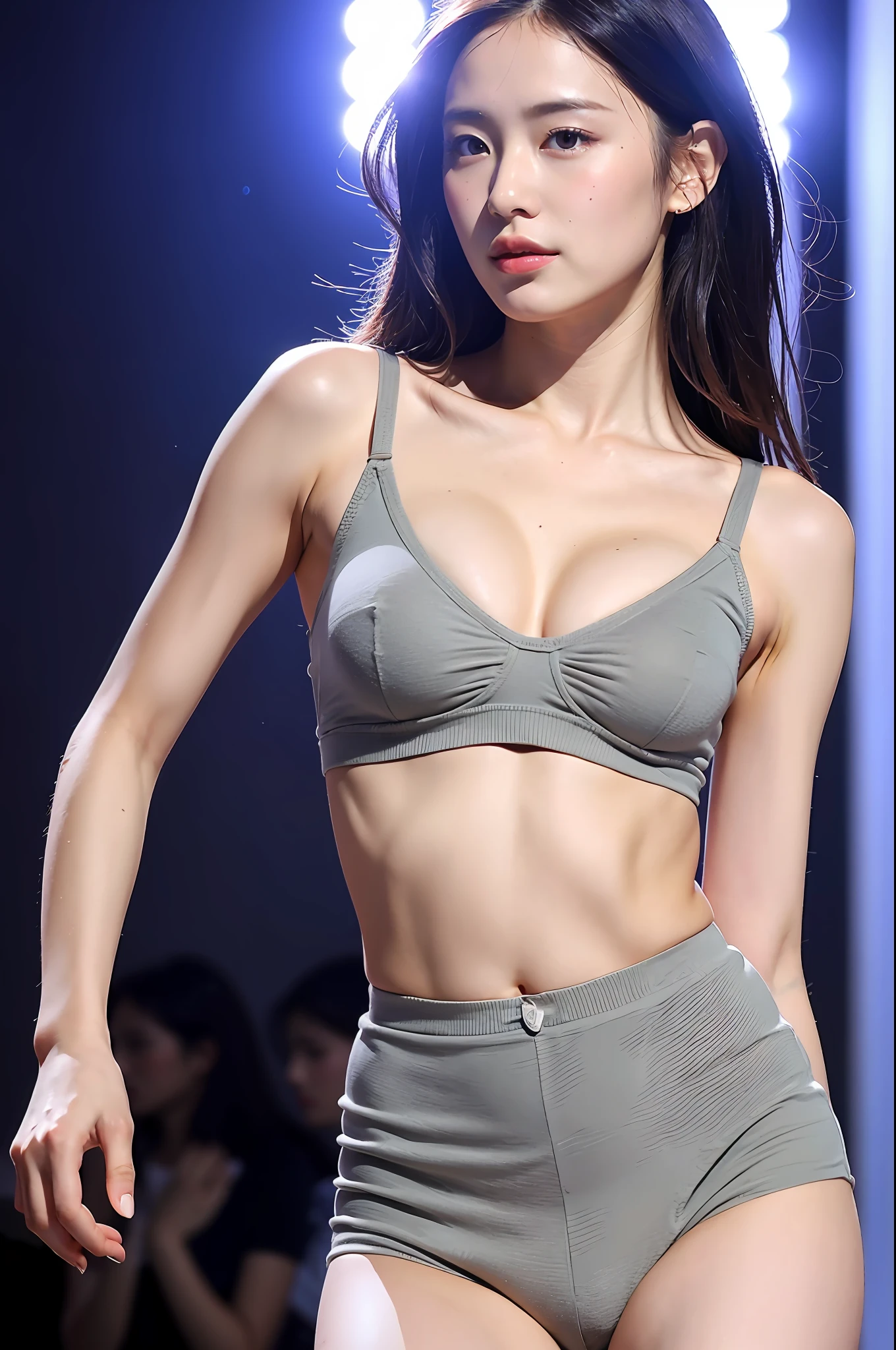 mature youth, erotic underwear style, super cute, upper body close-up, nice perfect face with soft skin, gorgeous hair, 8K resolution, ultra-realistic, super detailed, high quality, immature woman in trendy underwear on the runway, (big), 25 years old,