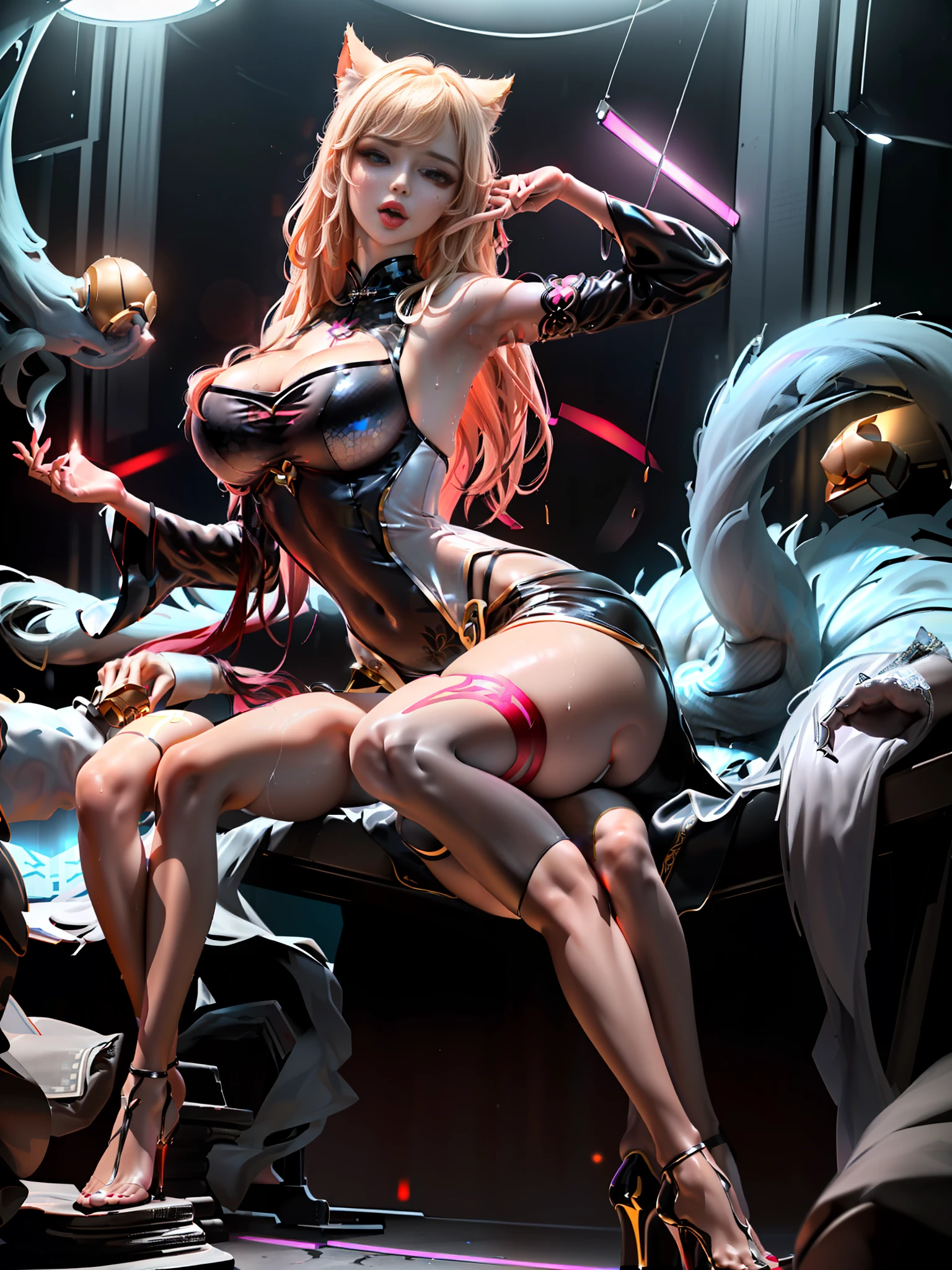 (only two legs, only two hands) (Cyberpunk background: 1.5) (transparent clothes, high-gloss transparent stockings, transparent black tulle cheongsam illuminated by cyberpunk style lights, transparent clothes, looming transparent black tulle cheongsam, painting style, (sitting) 1 girl, hands raised, forearms raised up, forearms behind her to hold scattered hair, bare red armpits full of sweat, white-blond hair was held behind her head, Fleshy thighs tightened by black suspender stockings, huge breasts. Seductive expression, sticking out tongue to lick lips, wet clothes, wet body, wet body, sexy face, looming, looming breasts, ahri (k/da), ahri, ((full body photo)), sitting in a chair, (body facing the viewer) legs crossed, soles facing the viewer, high heels in red soles, ahri (k/da), transparent black tulle cheongsam with translucent bikini inside, intricate patterns on transparent clothes, portrait, masterpiece, best quality, (Very detailed CG unity 8k wallpaper, super detailed, best quality), (detailed background), (beautiful detail face), high contrast, (best lighting) (pixiv)