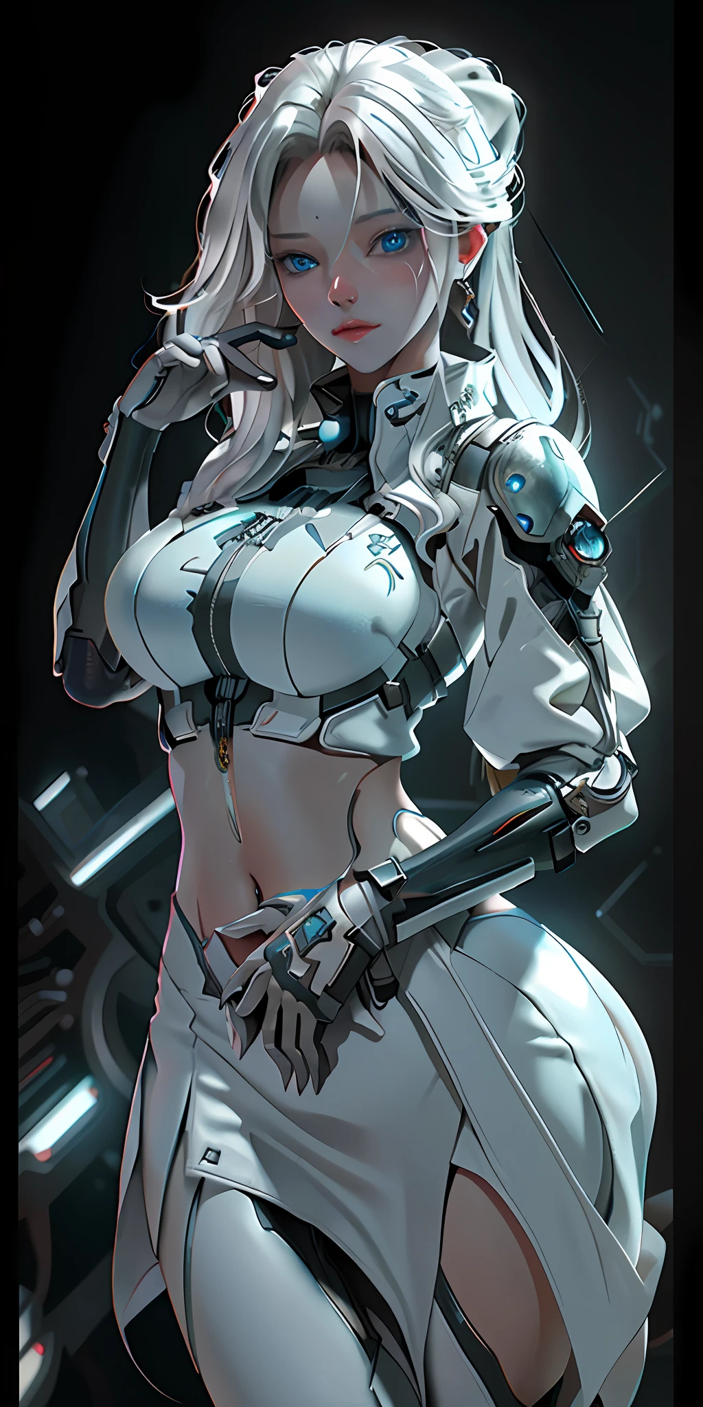 ((Best quality)), ((masterpiece)), (detailed:1.4), 3D, an image of a beautiful cyberpunk female,HDR (High Dynamic Range),Ray Tracing,NVIDIA RTX,Super-Resolution,Unreal 5,Subsurface scattering,PBR Texturing,Post-processing,Anisotropic Filtering,Depth-of-field,Maximum clarity and sharpness,Multi-layered textures,Albedo and Specular maps,Surface shading,Accurate simulation of light-material interaction,Perfect proportions,Octane Render,Two-tone lighting,Wide aperture,Low ISO,White balance,Rule of thirds,8K RAW, (silver hair, blue eyes, (midriff, belly exposed, huge breasts), thick thighs, narrow waist, beautiful face, (perfect face), sexy, dinamic pose, erotic, silver and white clothes)