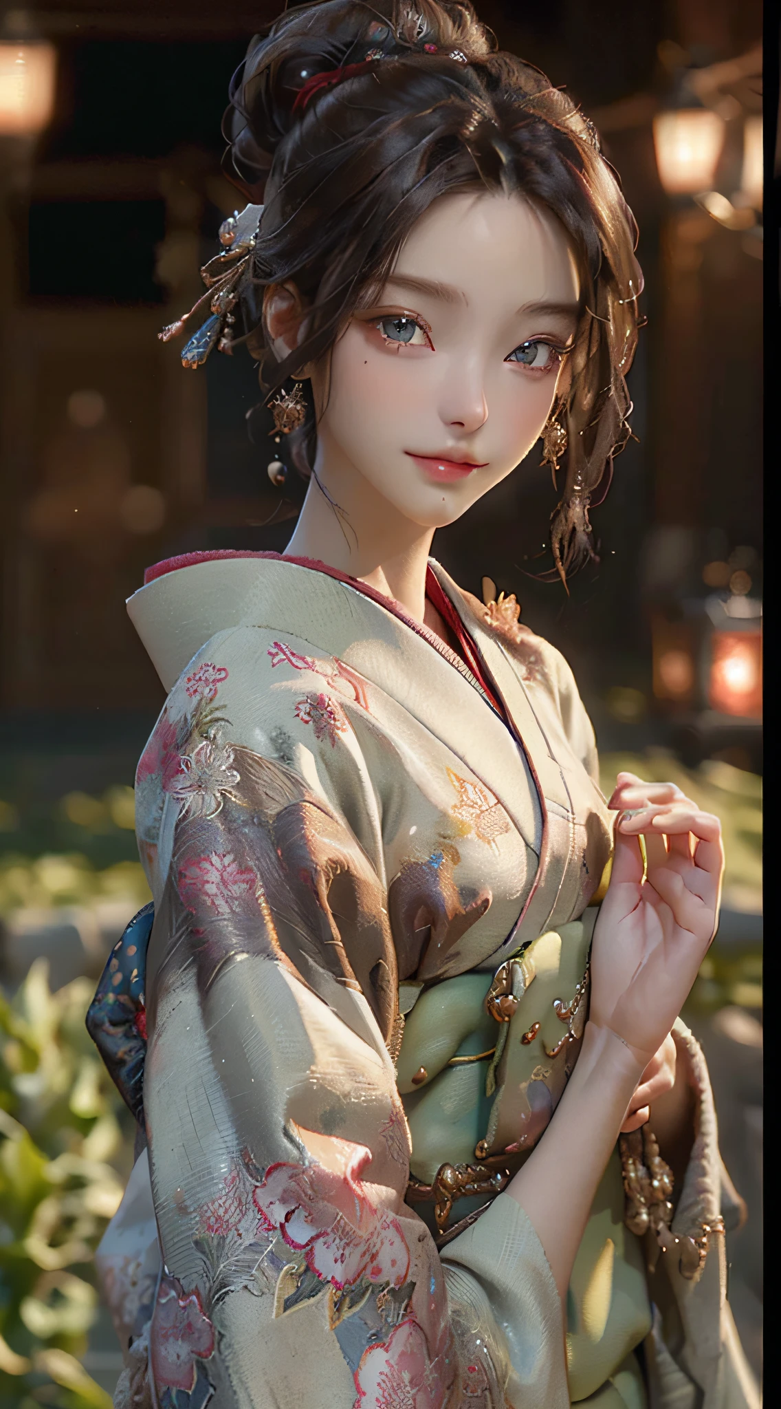 (masterpiece, sidelighting, finely detailed beautiful eye: 1.2), masterpiece*portrait, realistic, 3d face, glowing eyes, shiny hair, shiny skin, solo, looking at the audience, upper body, kimono,