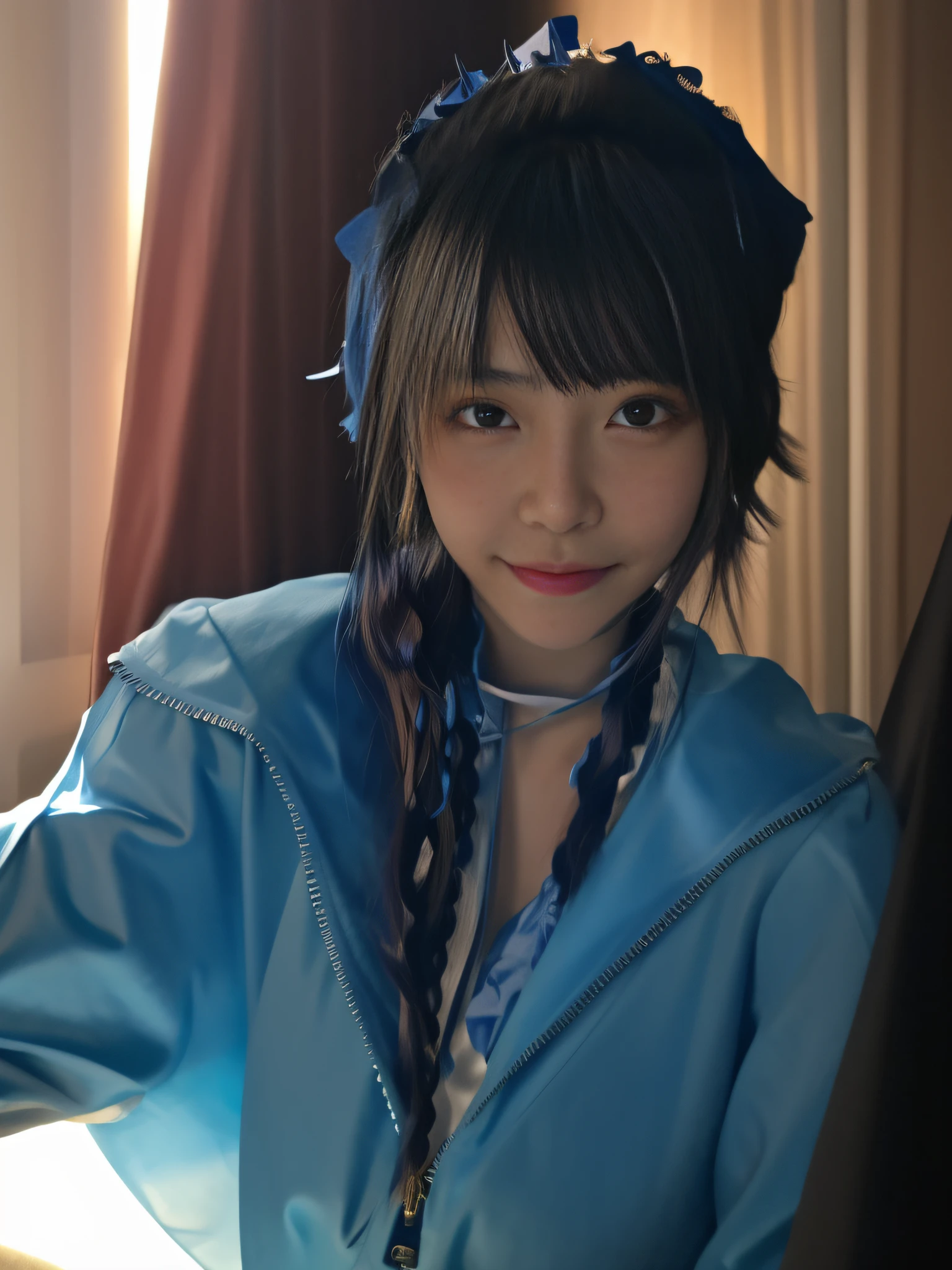 (Best quality: 1.2), (Masterpiece: 1.2), (Realistic: 1.2), close-up photo, very cute little girl, soft volumetric light, (looking at the audience: 1.3), (Backlight: 1.3), (Movie: 1.2), Intricate details, Masterpiece, Blue, Gothic loli, pigtails, bad smile, big eyes, Asian --auto --s2