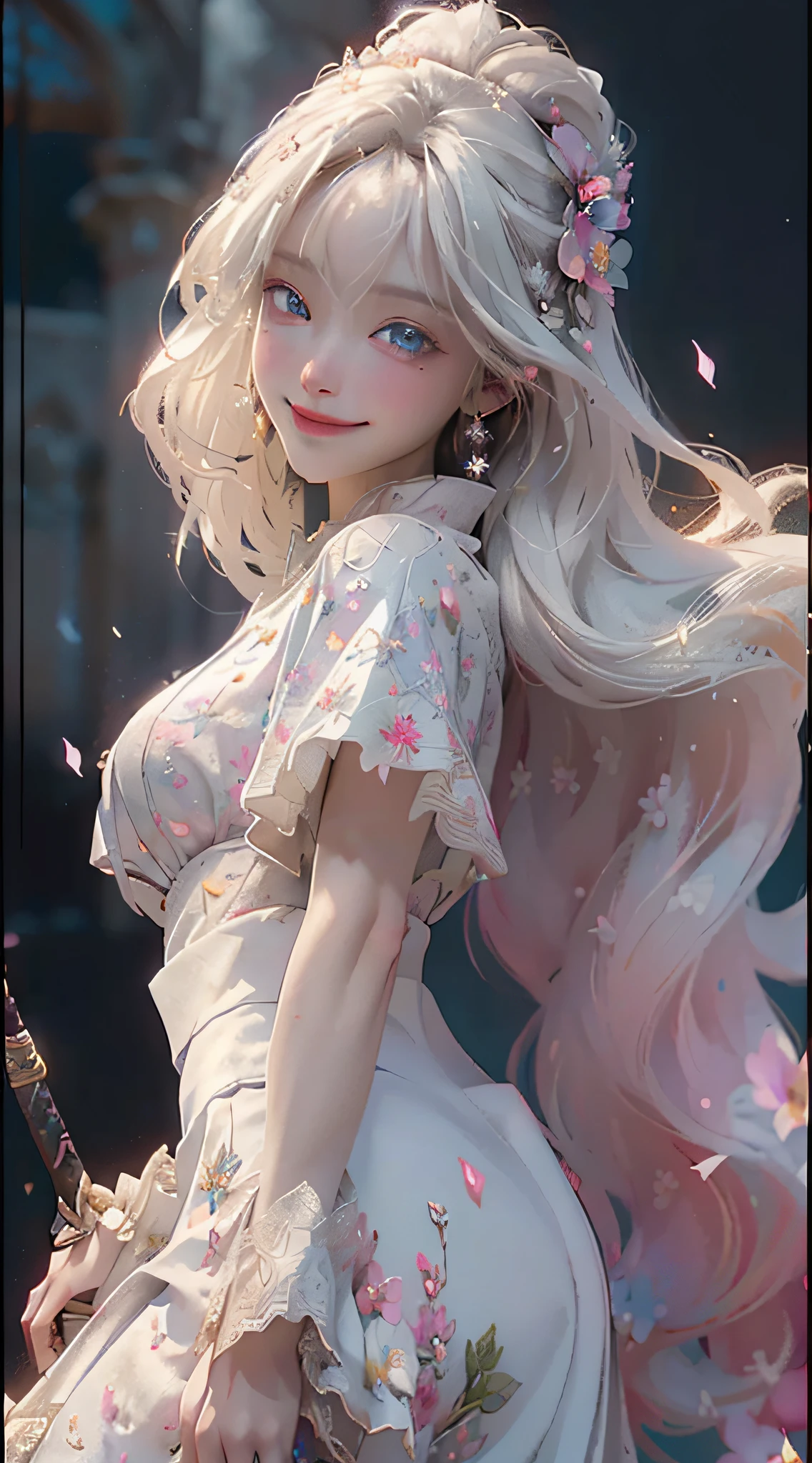 masterpiece, best quality, 1girl, (colorful),(finely detailed beautiful eyes and detailed face),cinematic lighting,bust shot,extremely detailed CG unity 8k wallpaper,white hair,solo,smile,intricate skirt,((flying petal)),(Flowery meadow) sky, cloudy_sky, building, moonlight, moon, night, (dark theme:1.3), light, fantasy,