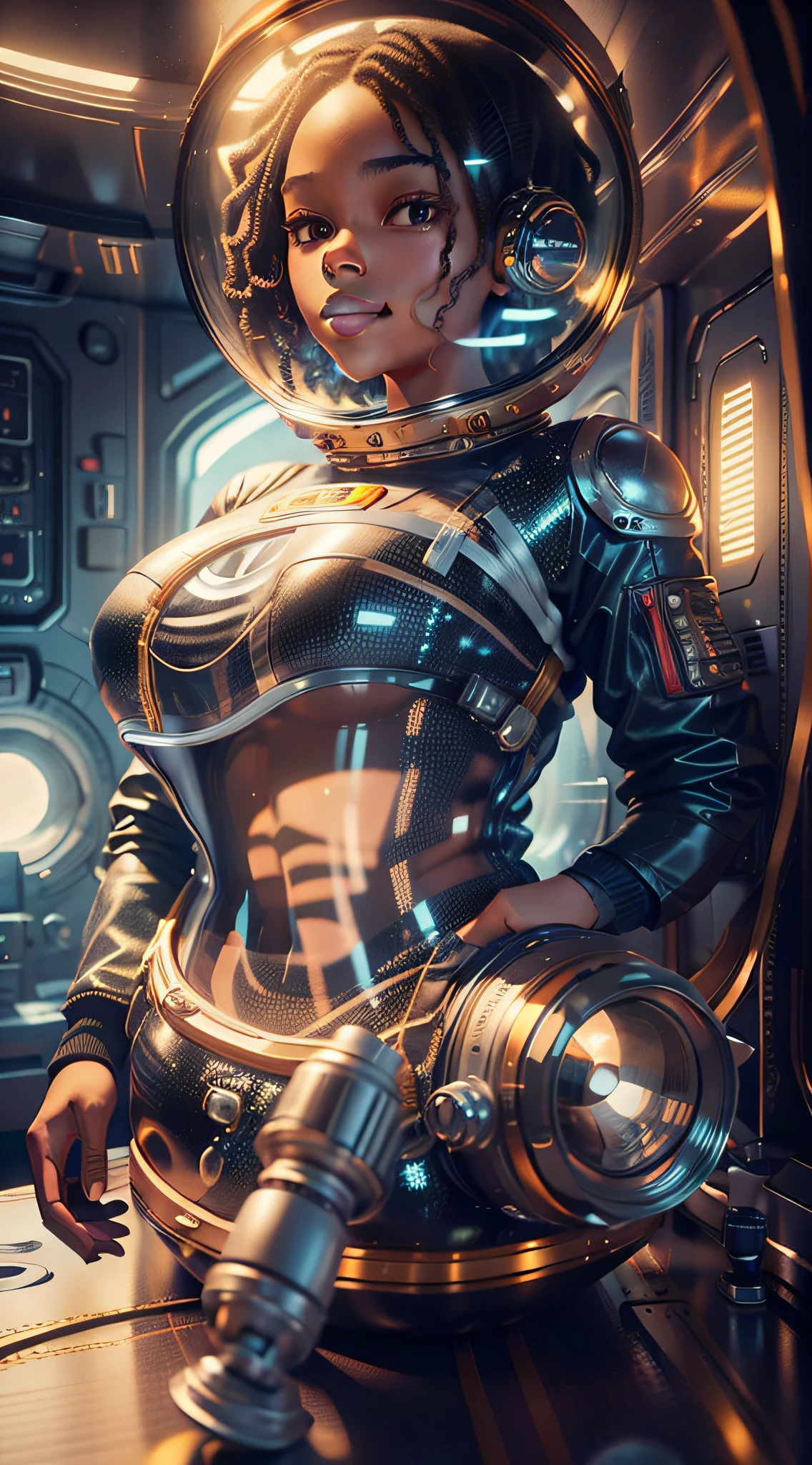 A full-body girl with black skin and curly hair floats inside a large gravitational capsule, (perfect smile: 1.8), golden ratio, anime portrait Space Cadet Girl, of a 2 0 1 9 Sci Fi 8 K movie, Zoe Kravitz futuristic astronaut, 8 K movie still, still 8 K movie, Zoe Kravitz as an astronaut, in space suit, girl in space, panoramic view, portrait 8k render, beautiful woman in spacesuit, amplitude, open plan, cinematic, photorealism, Photographed on a Canon EOS-1D X Mark III, 150mm lens, F/0.8, sharp focus, volumetric fog, dramatic light, volumetric light, neon, 8k uhd, dslr camera, maximum quality, film grain, anamorphic, amplitude