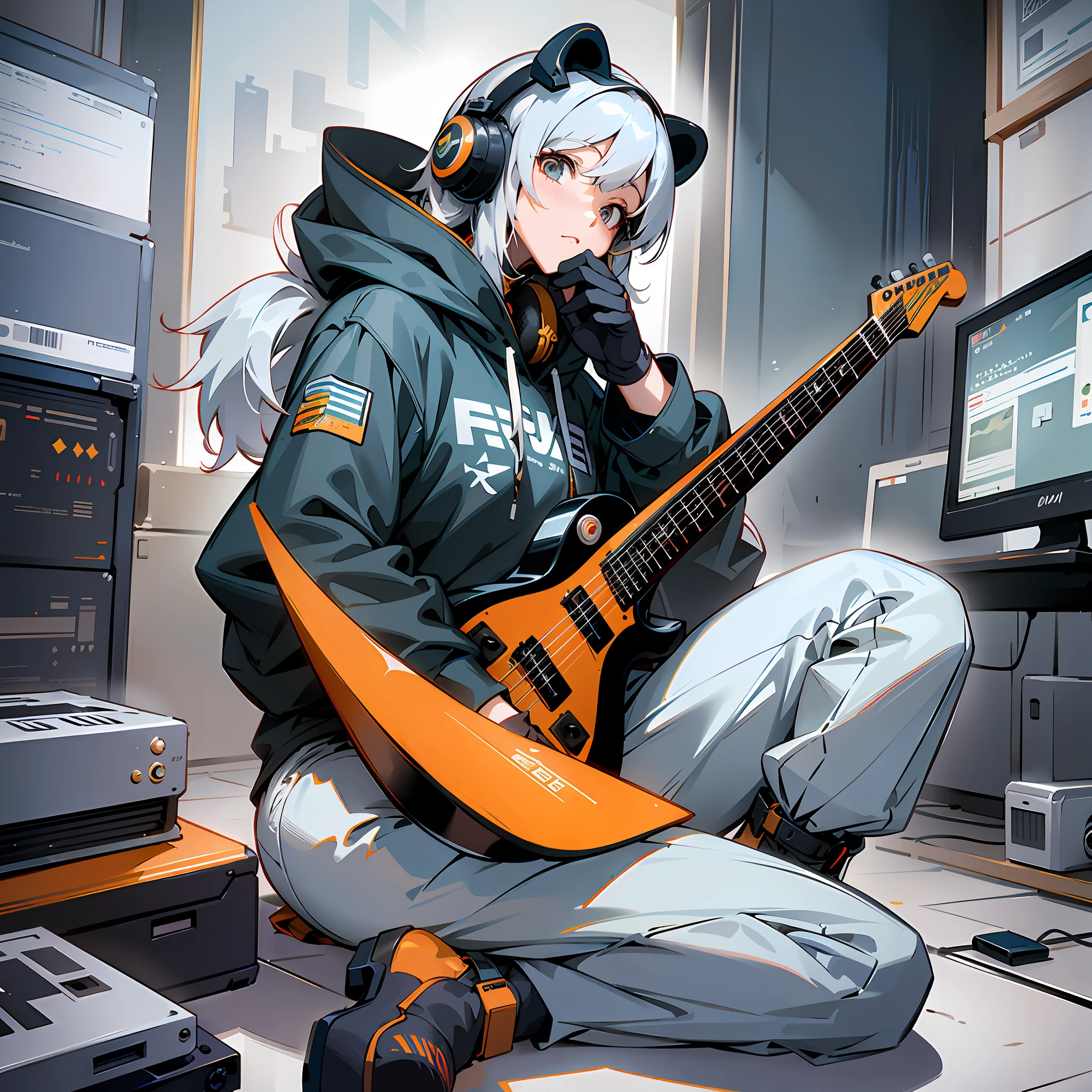 anime - style image of a woman with headphones playing a guitar, from arknights, nightcore, from girls frontline, girls frontline style, artgerm and atey ghailan, best anime 4k konachan wallpaper, trending on artstation pixiv, cushart kenz, digital art on pixiv, bassist, pixiv contest winner