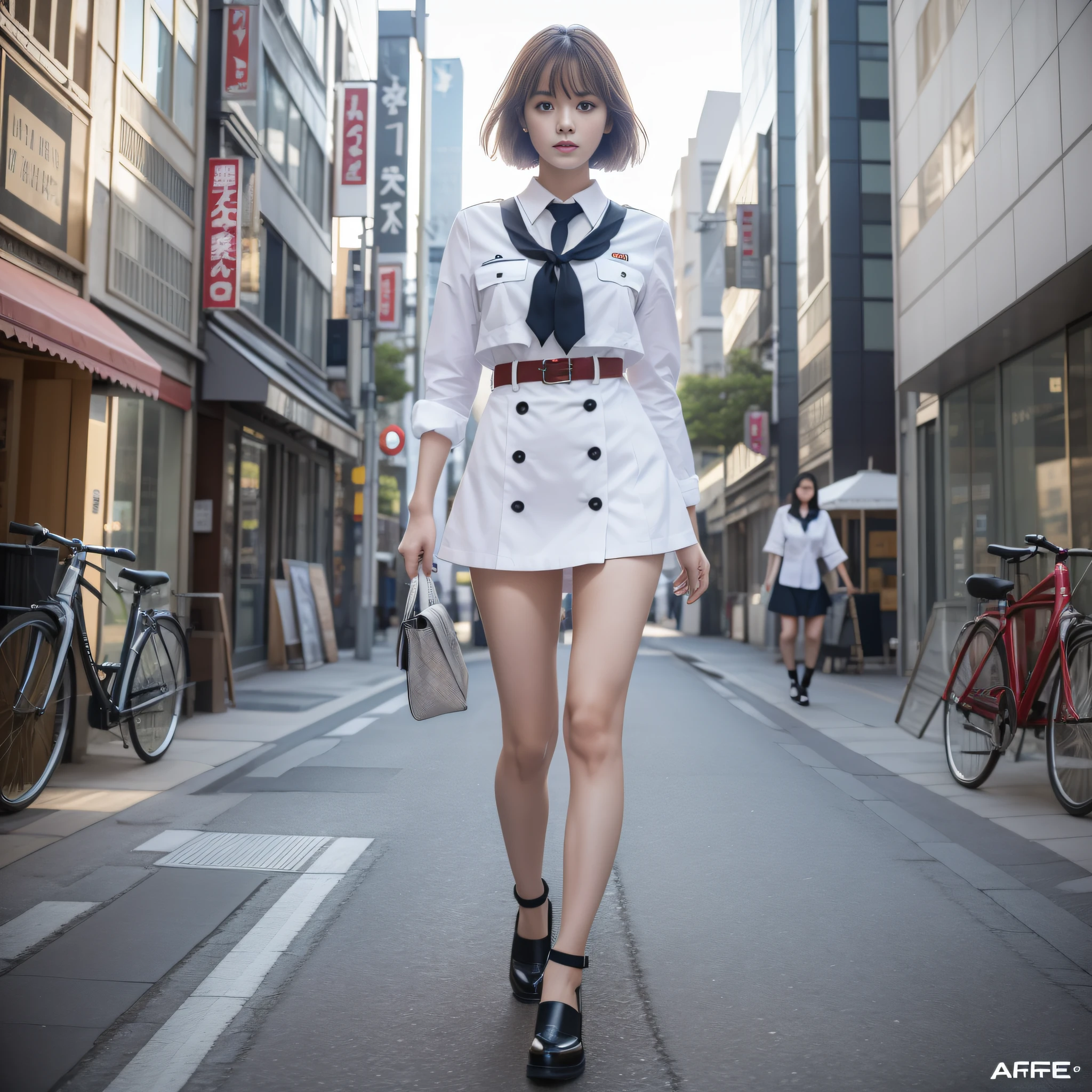 OL Uniform Arafe Woman Posing for Photo, Slim Girl Model Photo, Physical: Tinyest Midliff Ever, Female Model, Japan Female Fashion Model, Sakura Miyawaki, LE SSERAFIM, (8k, RAW Photo, Best Quality, Masterpiece: 1.2), (Realistic, Photorealistic: 1.37), Ultra Detailed, Ultra High Resolution, Summer, Office District, Standing Figure, Full Body,